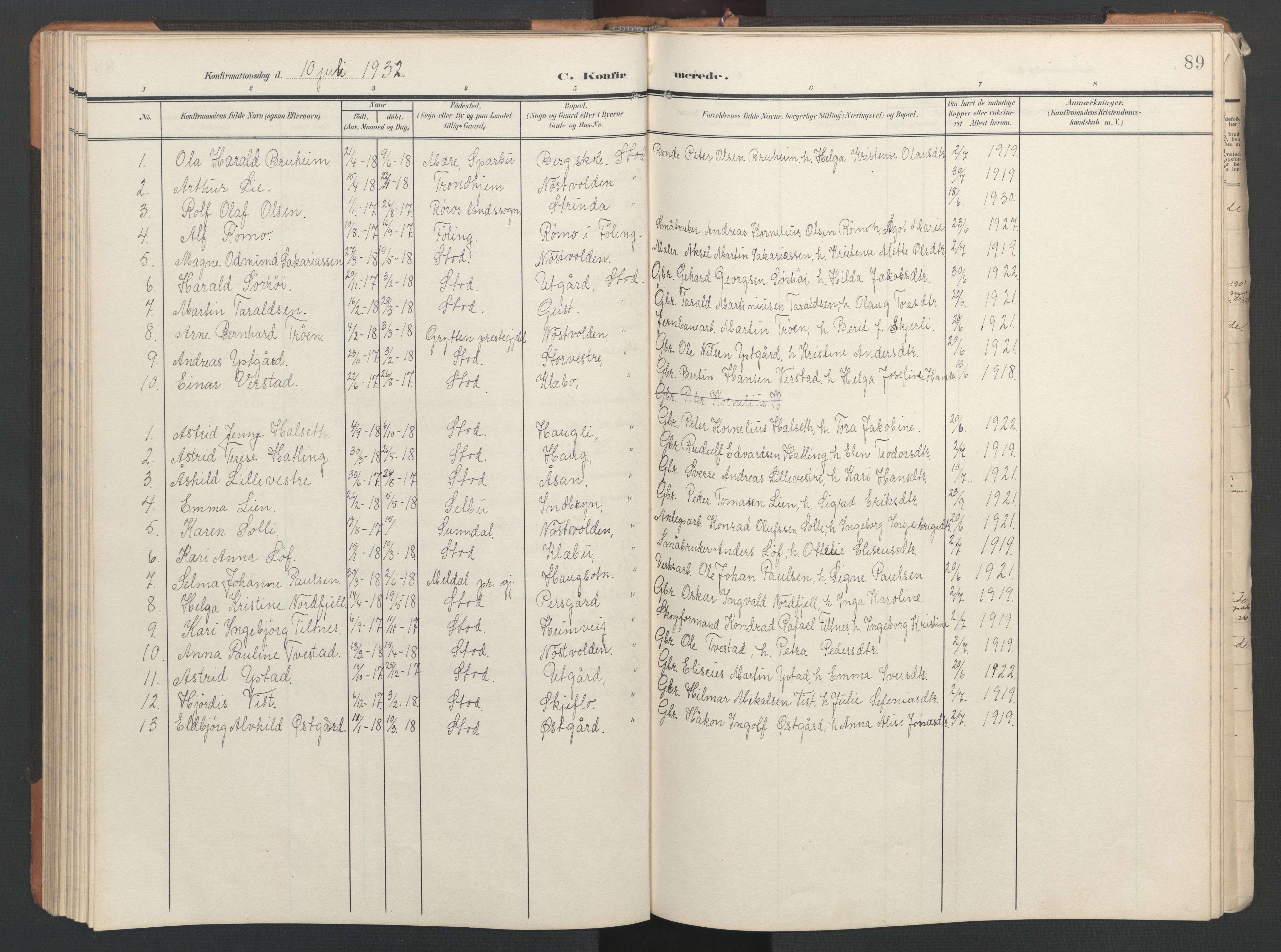 Ministerialprotokoller, klokkerbøker og fødselsregistre - Nord-Trøndelag, SAT/A-1458/746/L0455: Parish register (copy) no. 746C01, 1908-1933, p. 89