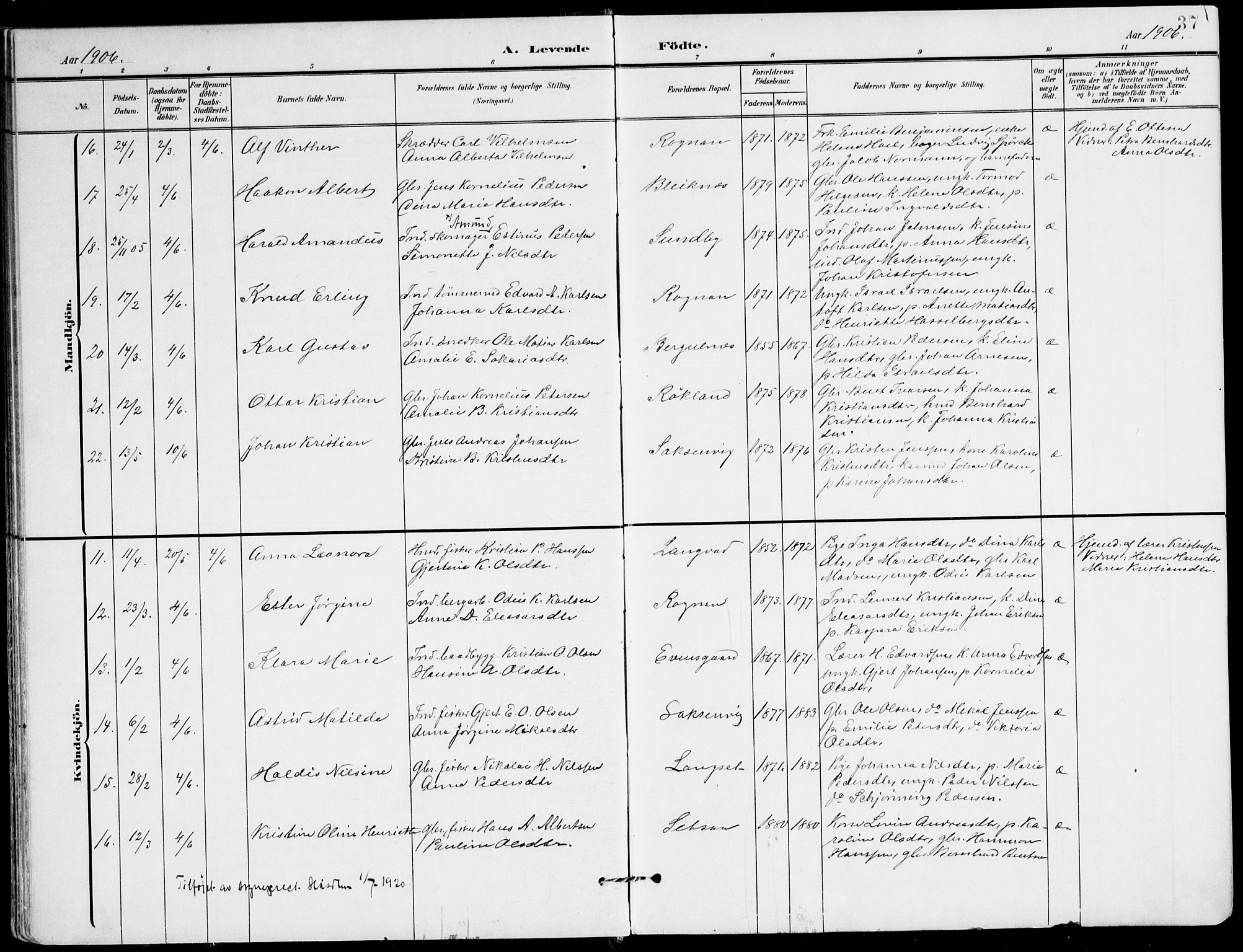 Ministerialprotokoller, klokkerbøker og fødselsregistre - Nordland, AV/SAT-A-1459/847/L0672: Parish register (official) no. 847A12, 1902-1919, p. 37