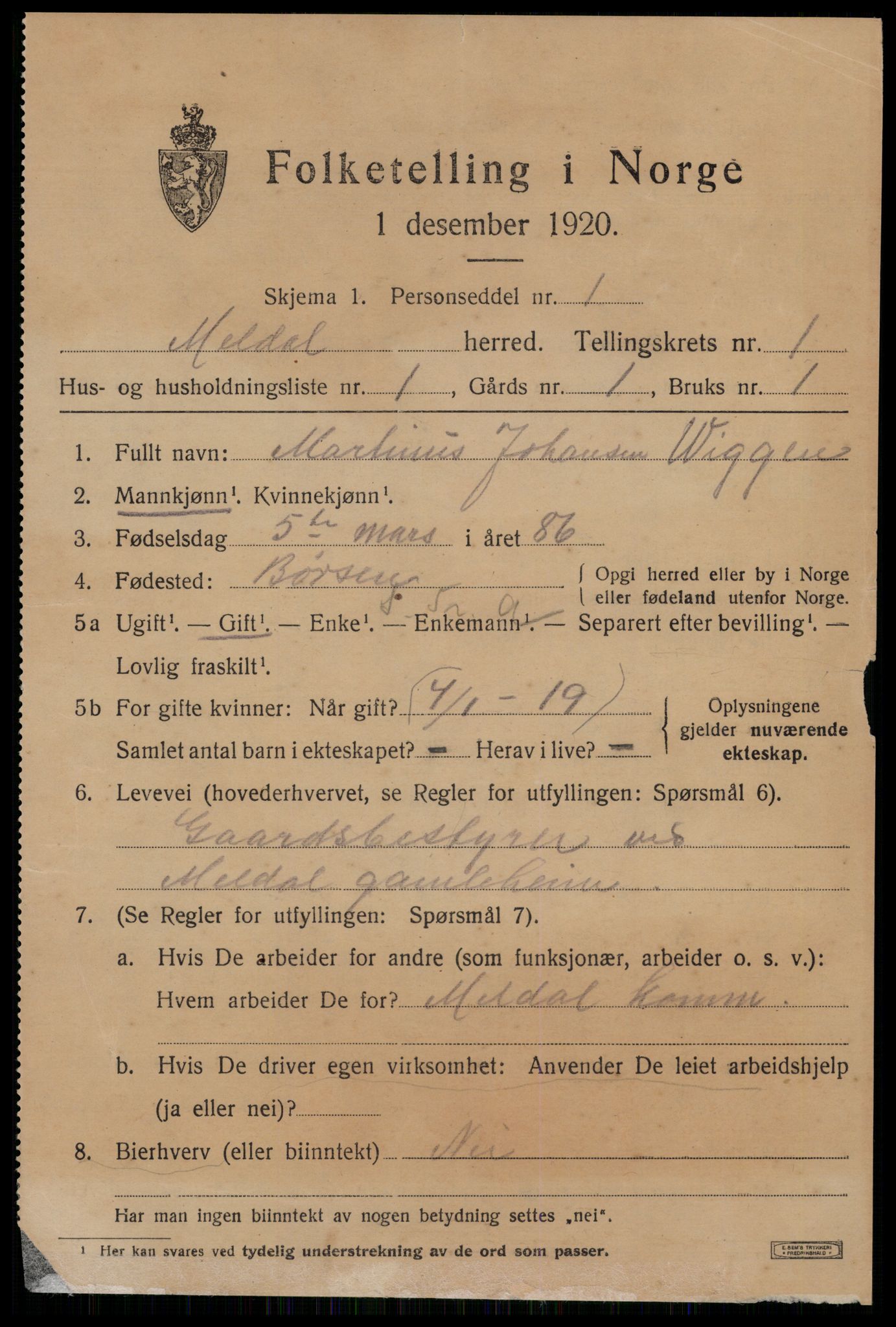 SAT, 1920 census for Meldal, 1920, p. 1803