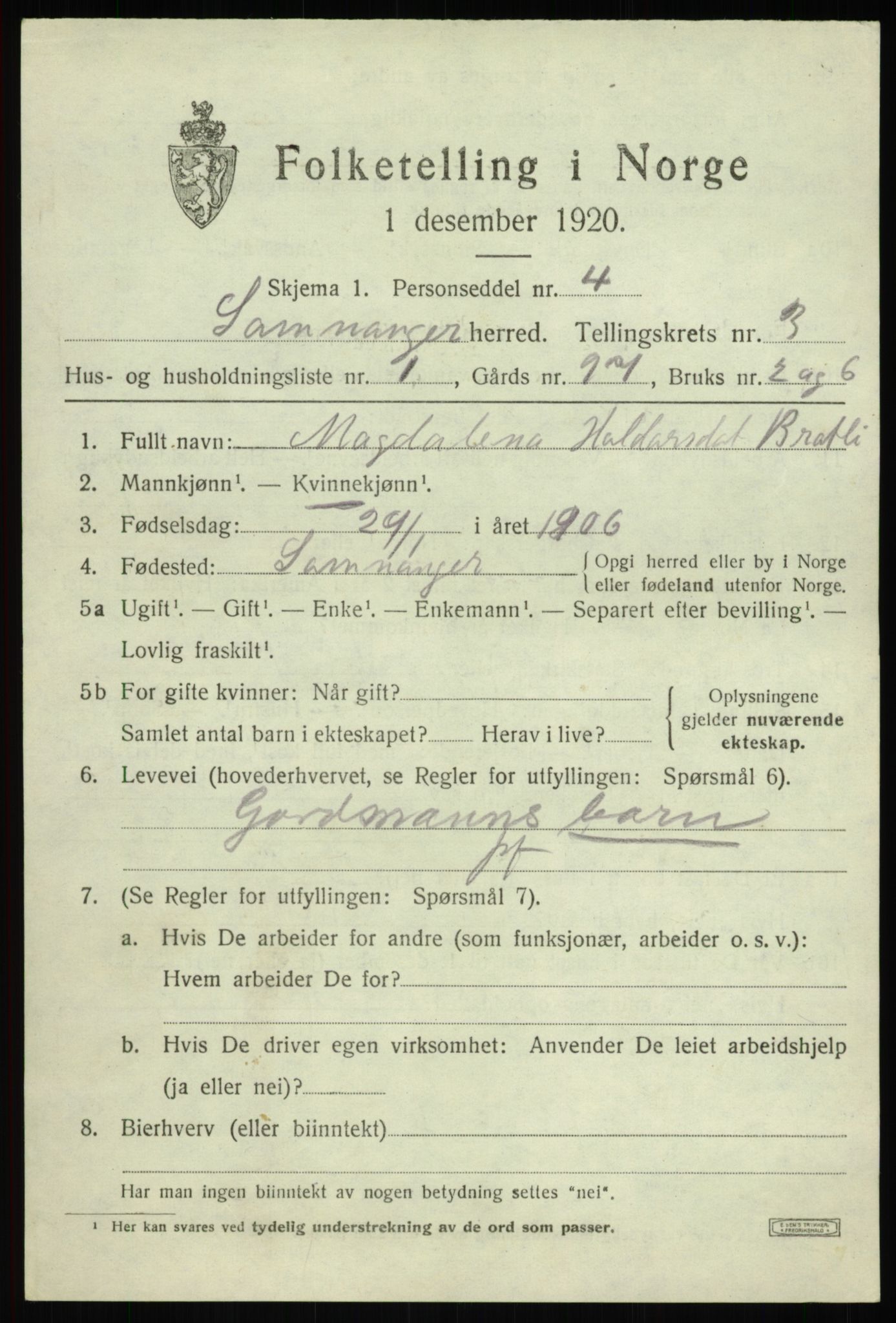 SAB, 1920 census for Samnanger, 1920, p. 1503