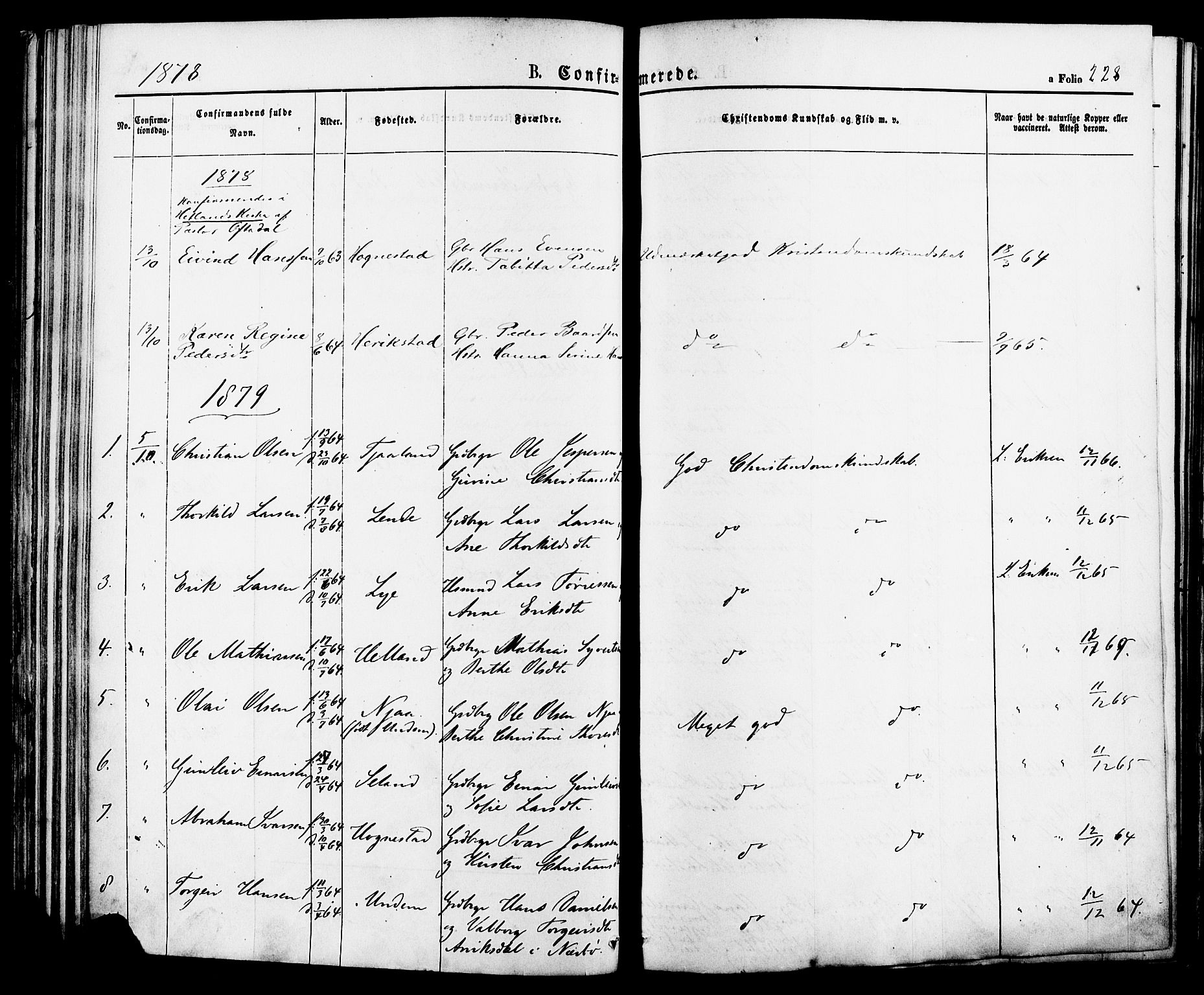 Lye sokneprestkontor, SAST/A-101794/001/30BA/L0008: Parish register (official) no. A 7, 1872-1881, p. 228