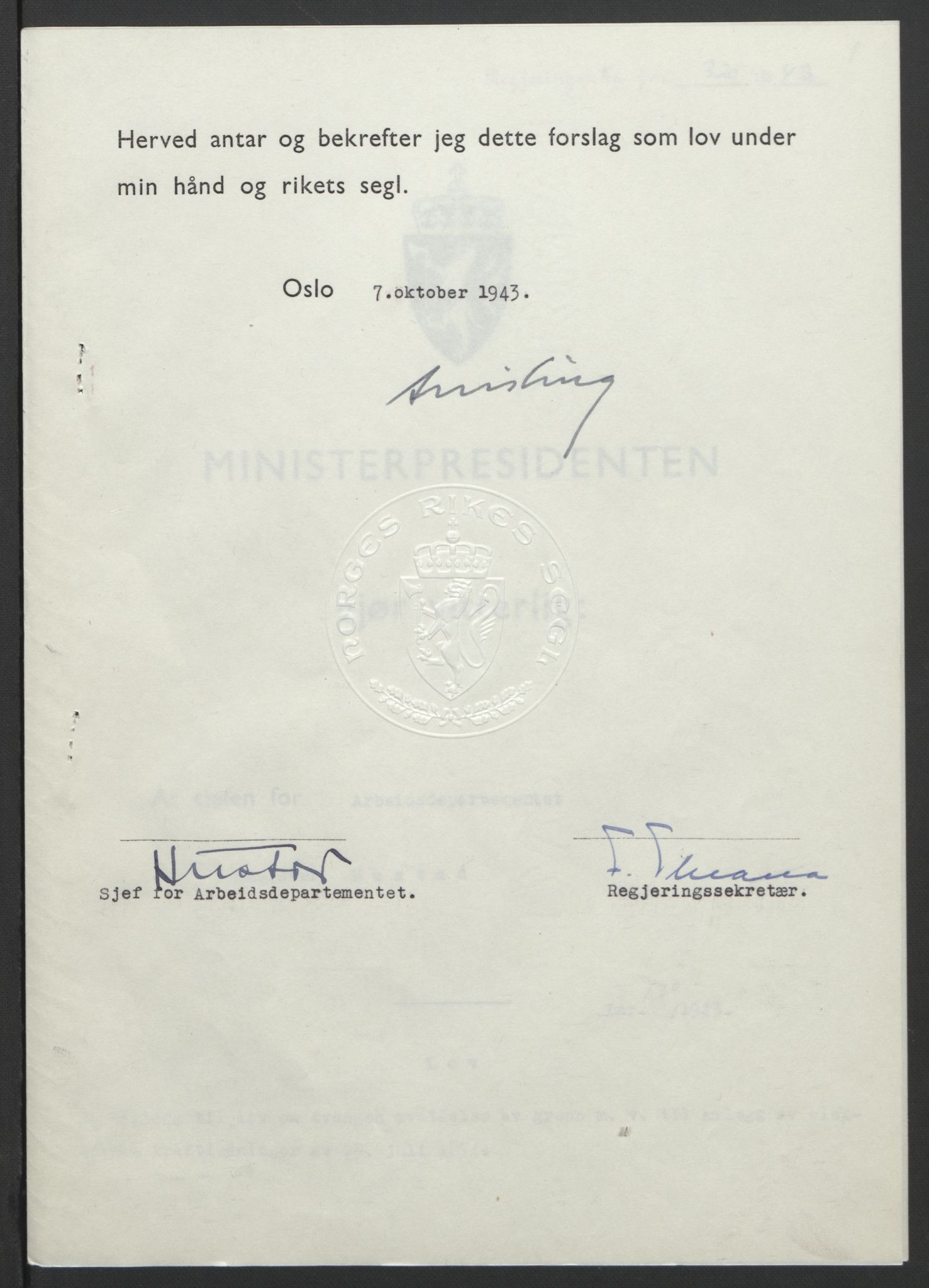 NS-administrasjonen 1940-1945 (Statsrådsekretariatet, de kommisariske statsråder mm), RA/S-4279/D/Db/L0099: Lover, 1943, p. 611