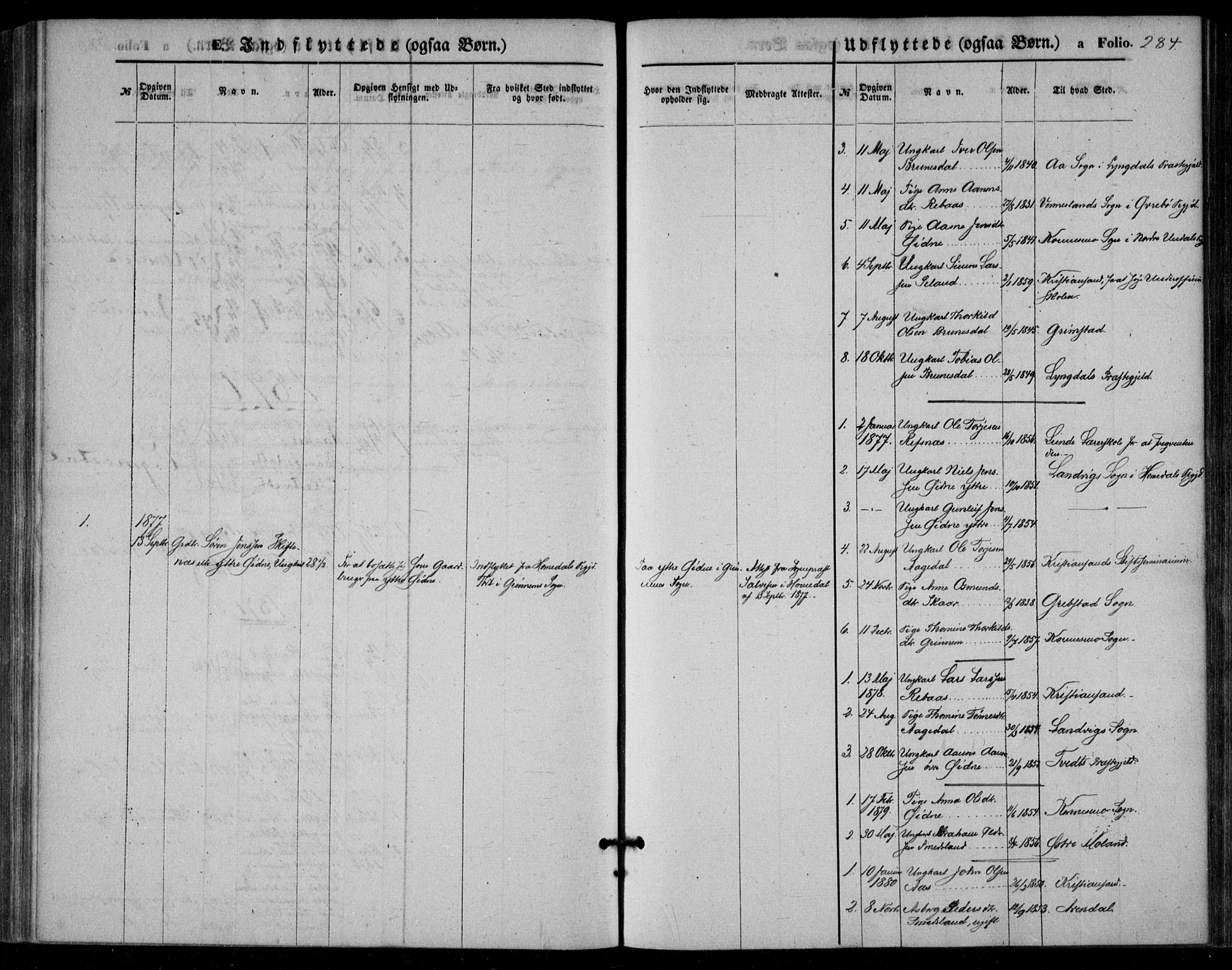 Bjelland sokneprestkontor, SAK/1111-0005/F/Fa/Fac/L0002: Parish register (official) no. A 2, 1866-1887, p. 284