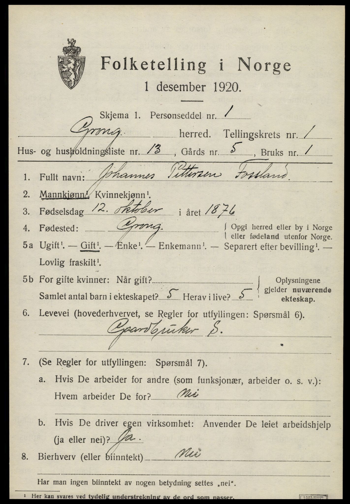 SAT, 1920 census for Grong, 1920, p. 1167