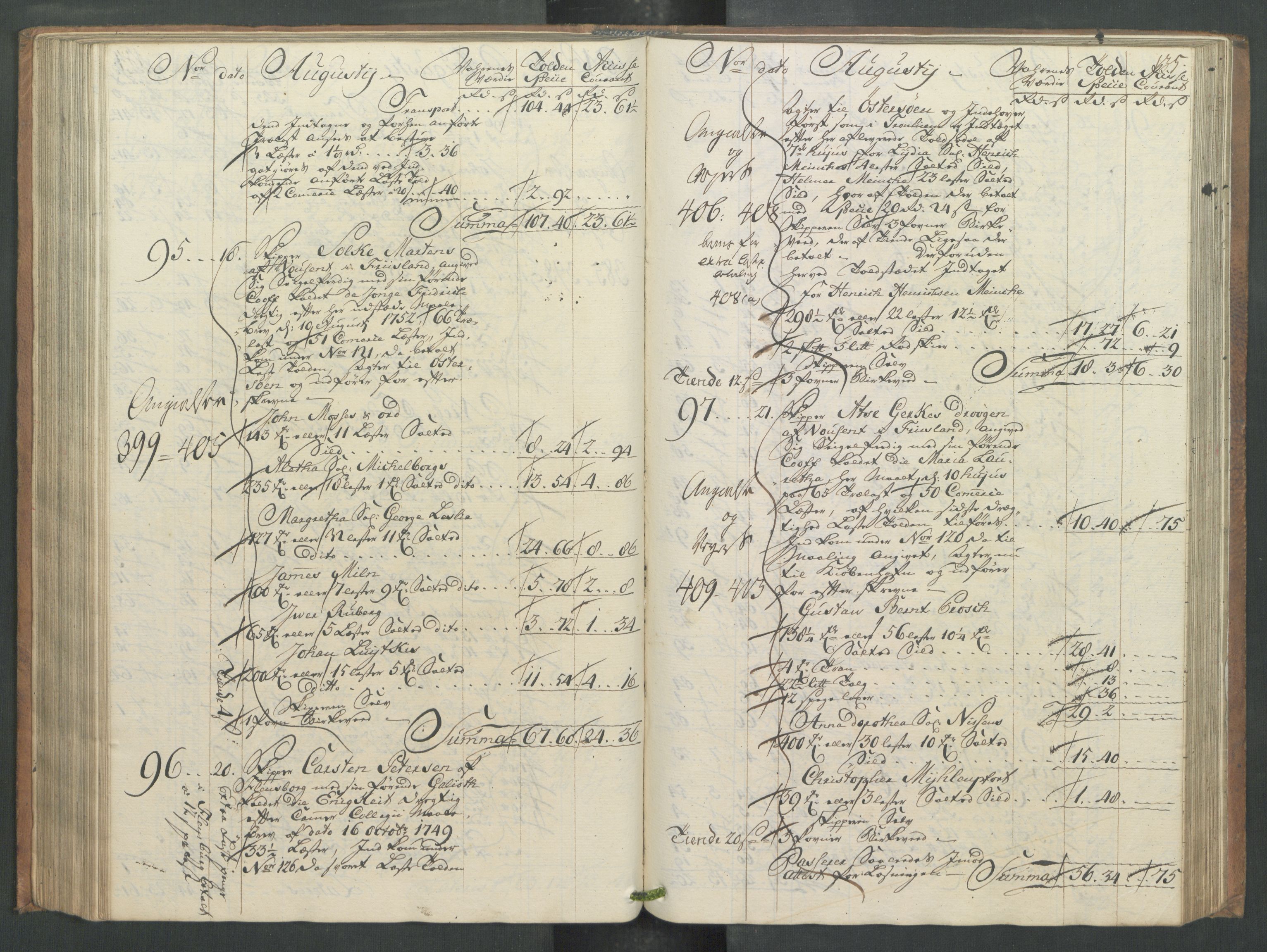 Generaltollkammeret, tollregnskaper, AV/RA-EA-5490/R32/L0013/0001: Tollregnskaper Kristiansund / Hovedtollbok, 1756, p. 134b-135a