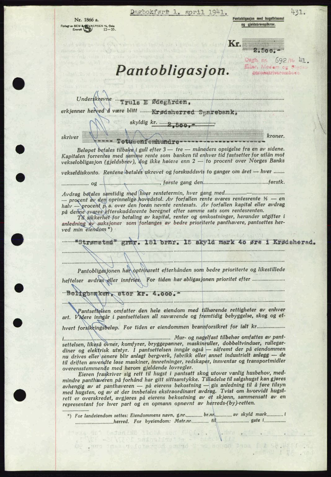 Eiker, Modum og Sigdal sorenskriveri, SAKO/A-123/G/Ga/Gab/L0043: Mortgage book no. A13, 1940-1941, Diary no: : 692/1941