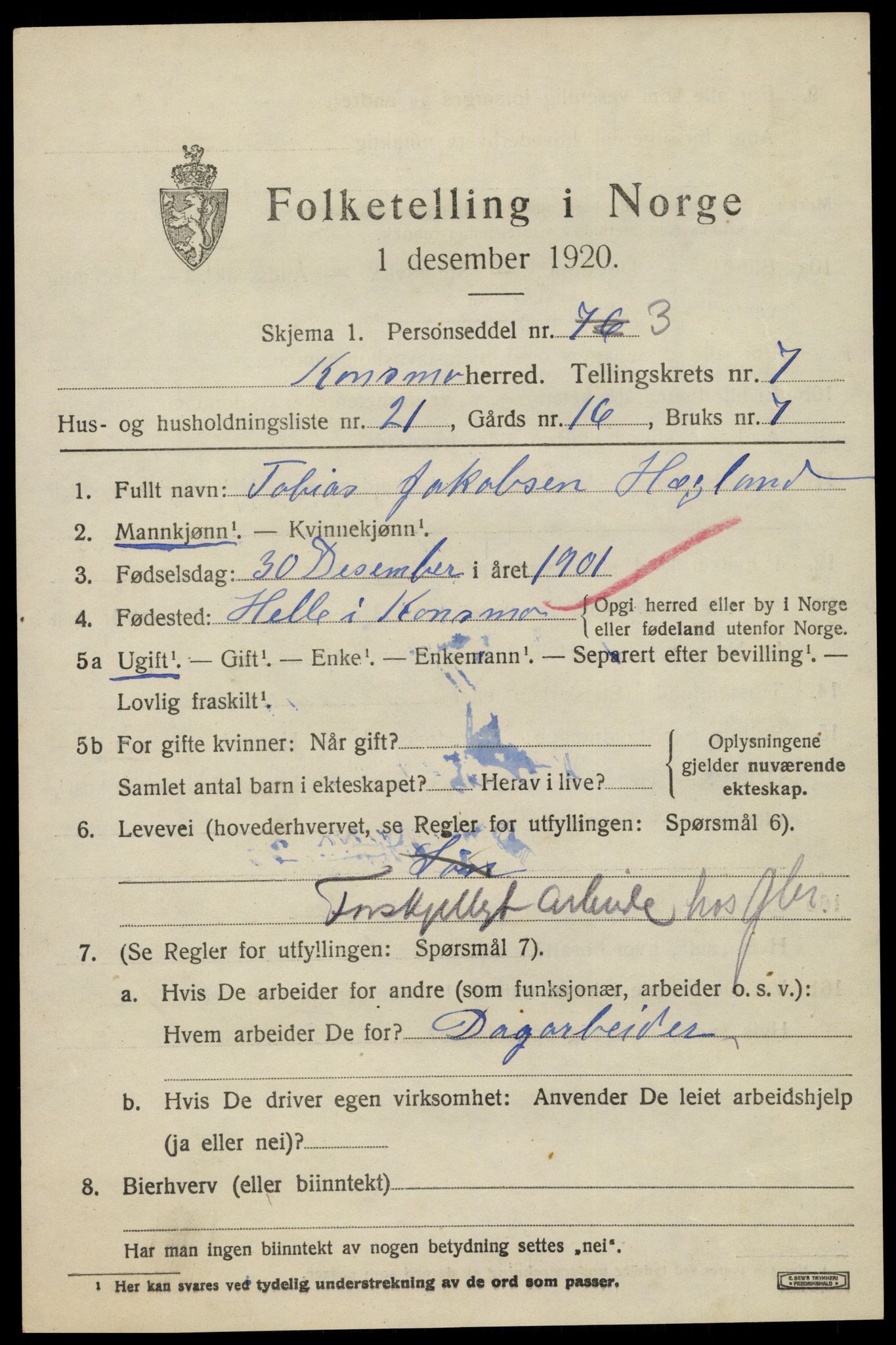 SAK, 1920 census for Konsmo, 1920, p. 1612