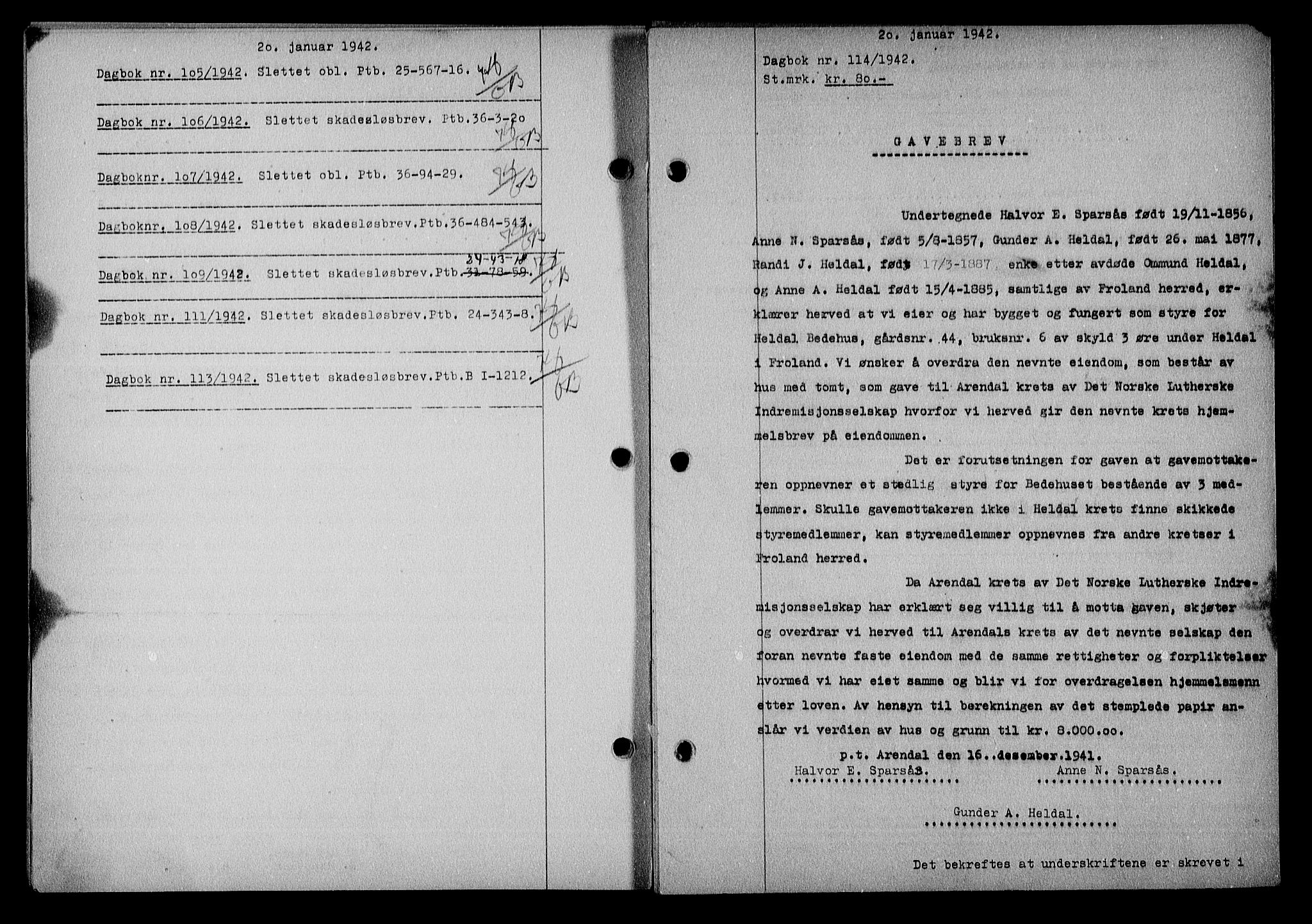 Nedenes sorenskriveri, SAK/1221-0006/G/Gb/Gba/L0049: Mortgage book no. A-III, 1941-1942, Diary no: : 114/1942