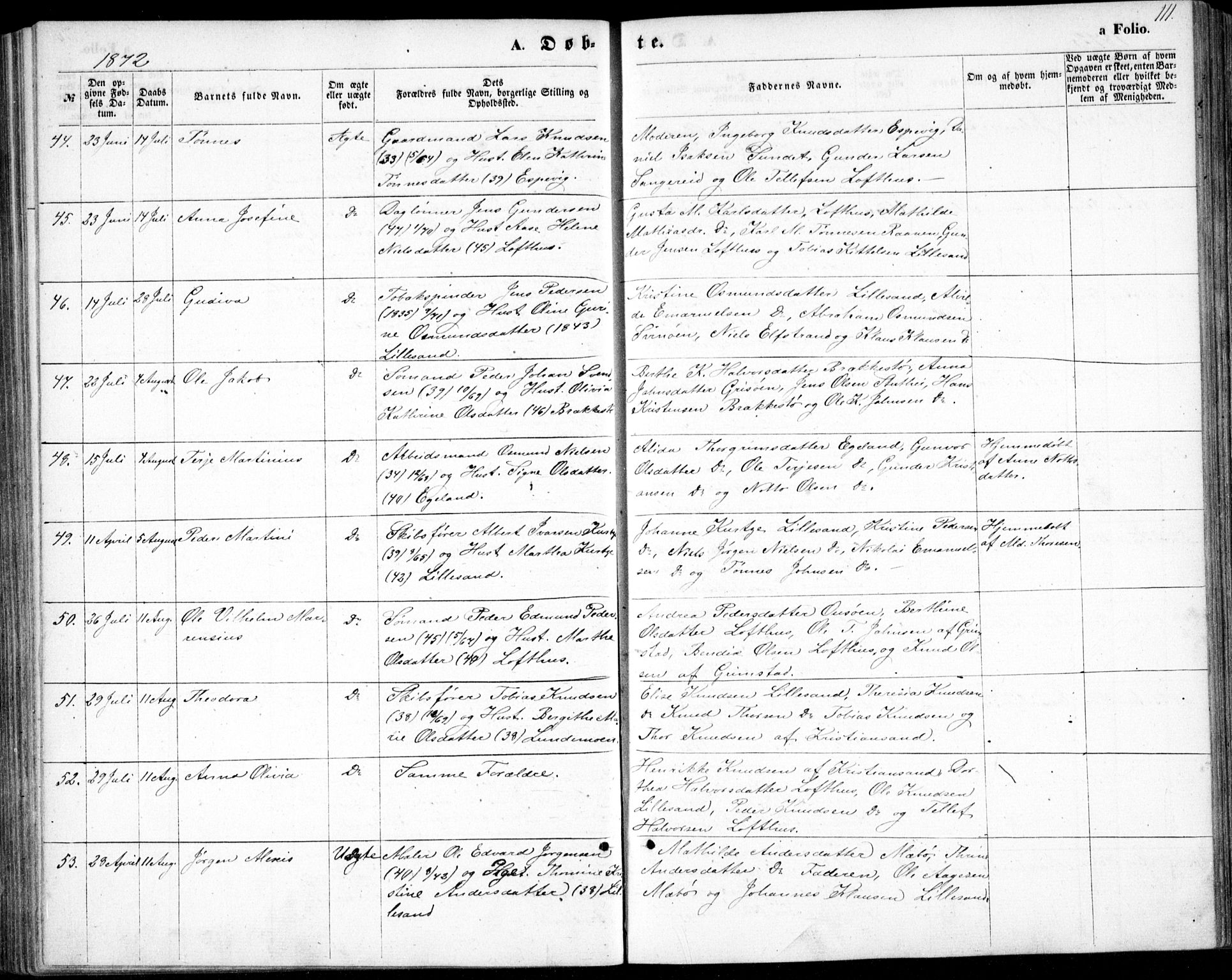 Vestre Moland sokneprestkontor, AV/SAK-1111-0046/F/Fb/Fbb/L0004: Parish register (copy) no. B 4, 1861-1872, p. 111