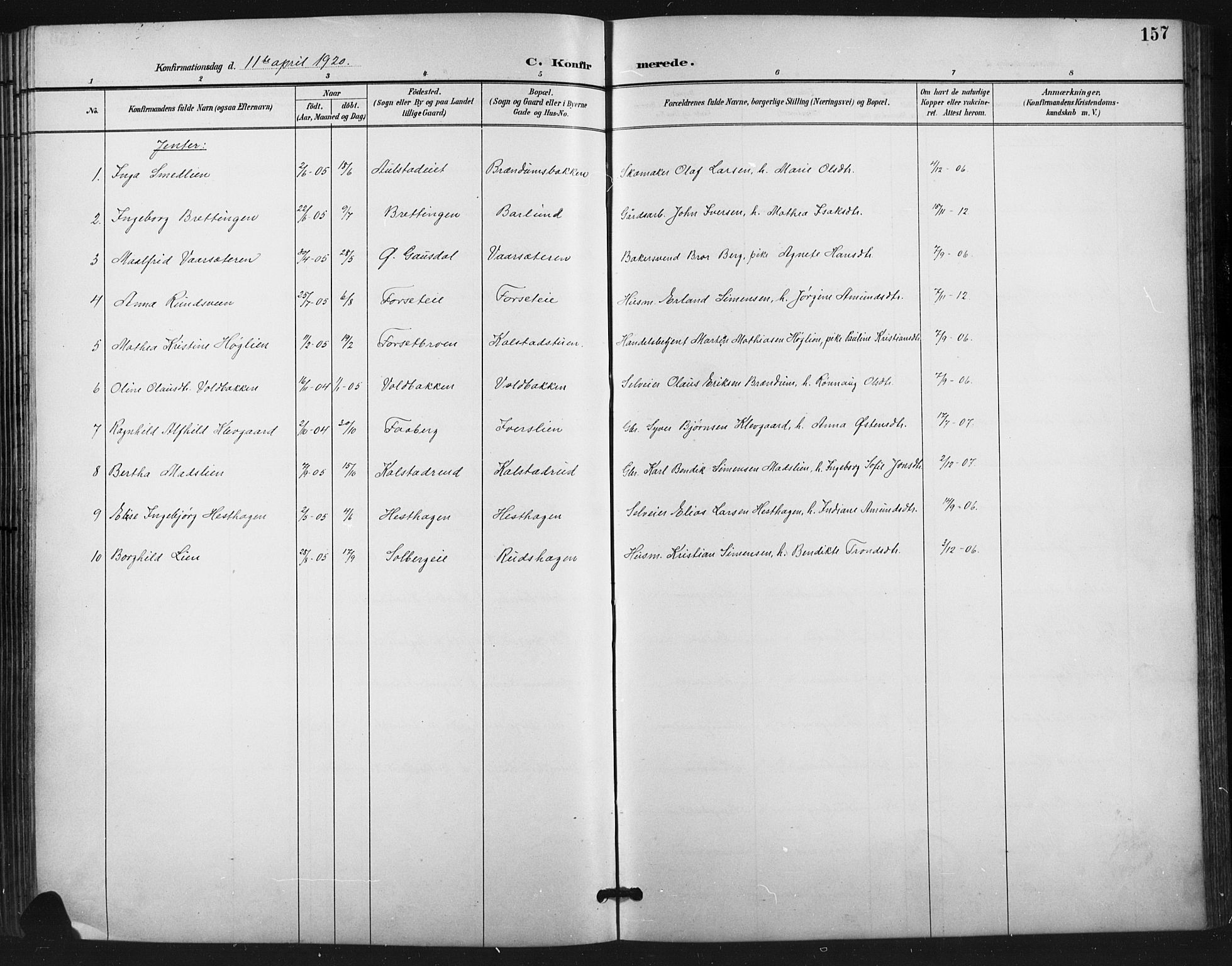 Vestre Gausdal prestekontor, SAH/PREST-094/H/Ha/Hab/L0003: Parish register (copy) no. 3, 1896-1925, p. 157