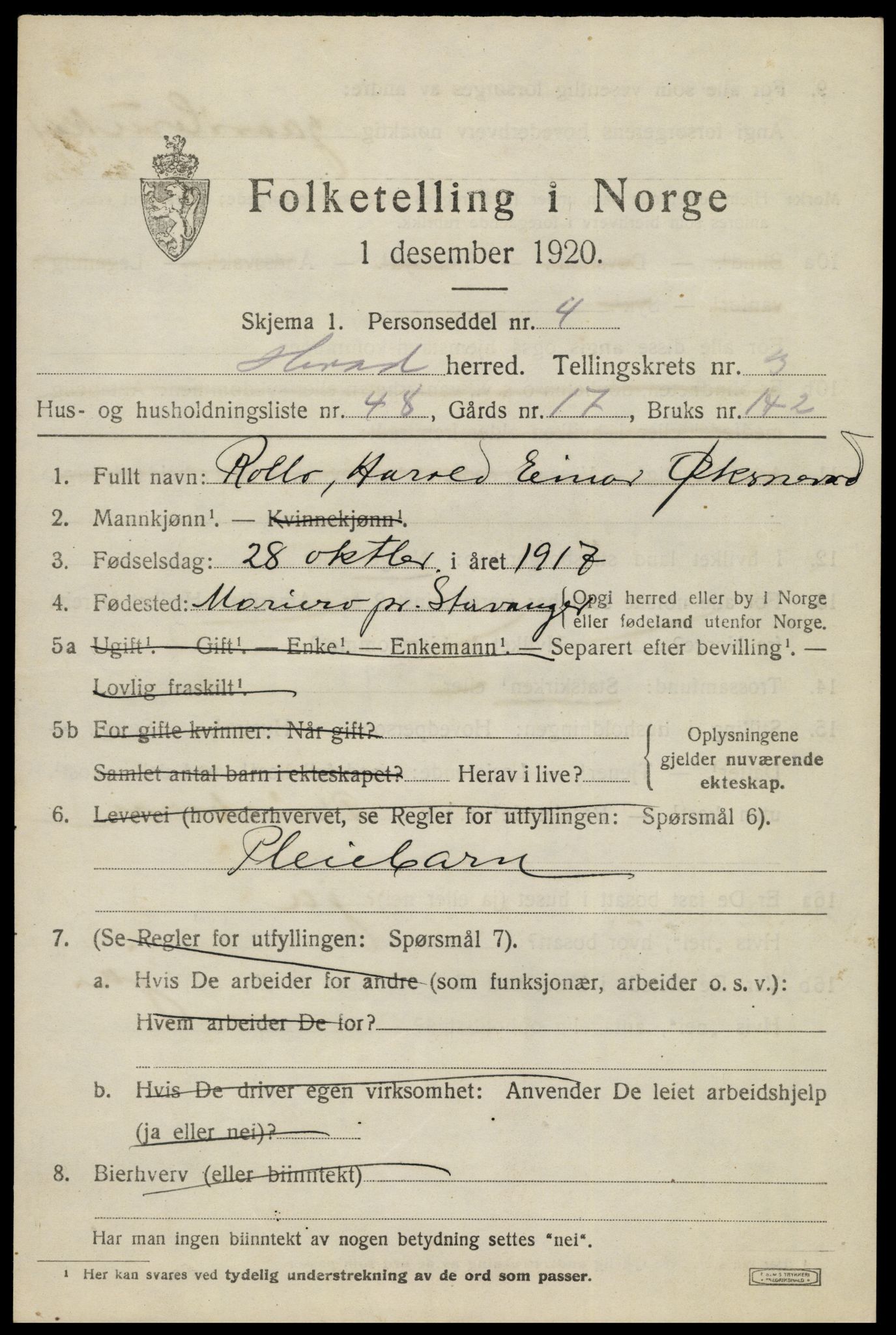 SAK, 1920 census for Herad, 1920, p. 1716