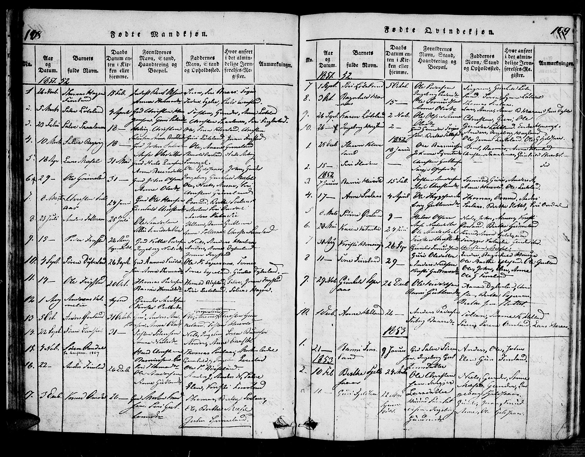 Bjelland sokneprestkontor, AV/SAK-1111-0005/F/Fa/Fab/L0002: Parish register (official) no. A 2, 1816-1869, p. 108-109