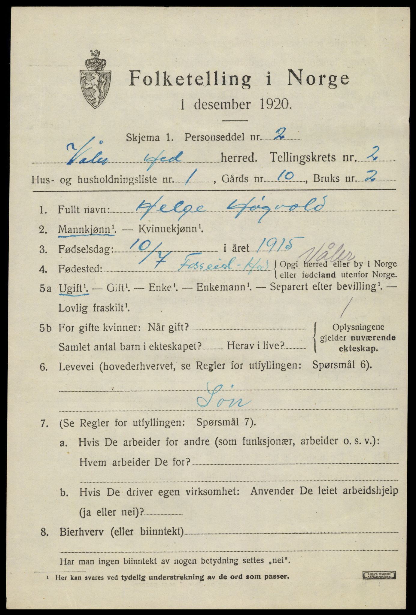 SAH, 1920 census for Våler (Hedmark), 1920, p. 2449