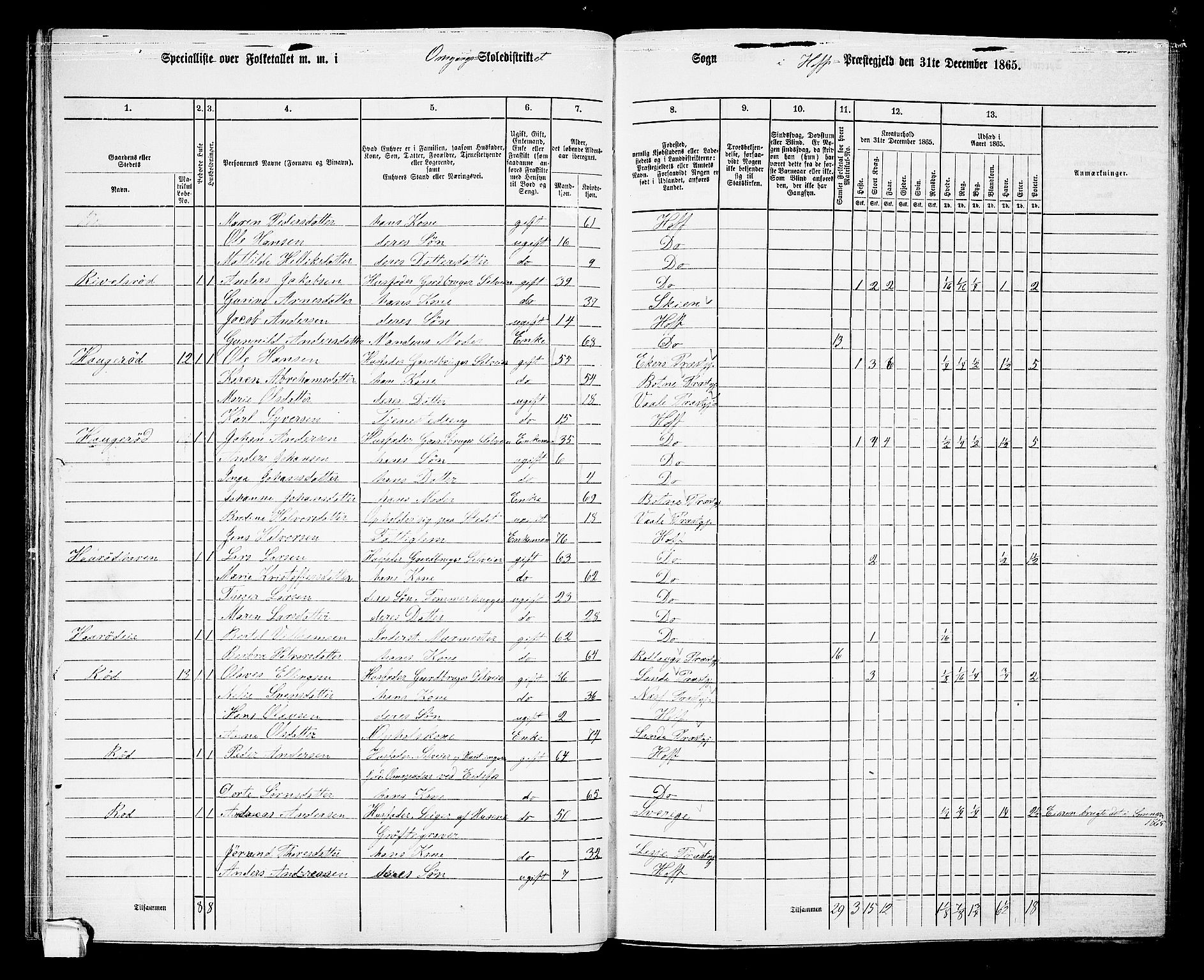 RA, 1865 census for Hof, 1865, p. 46