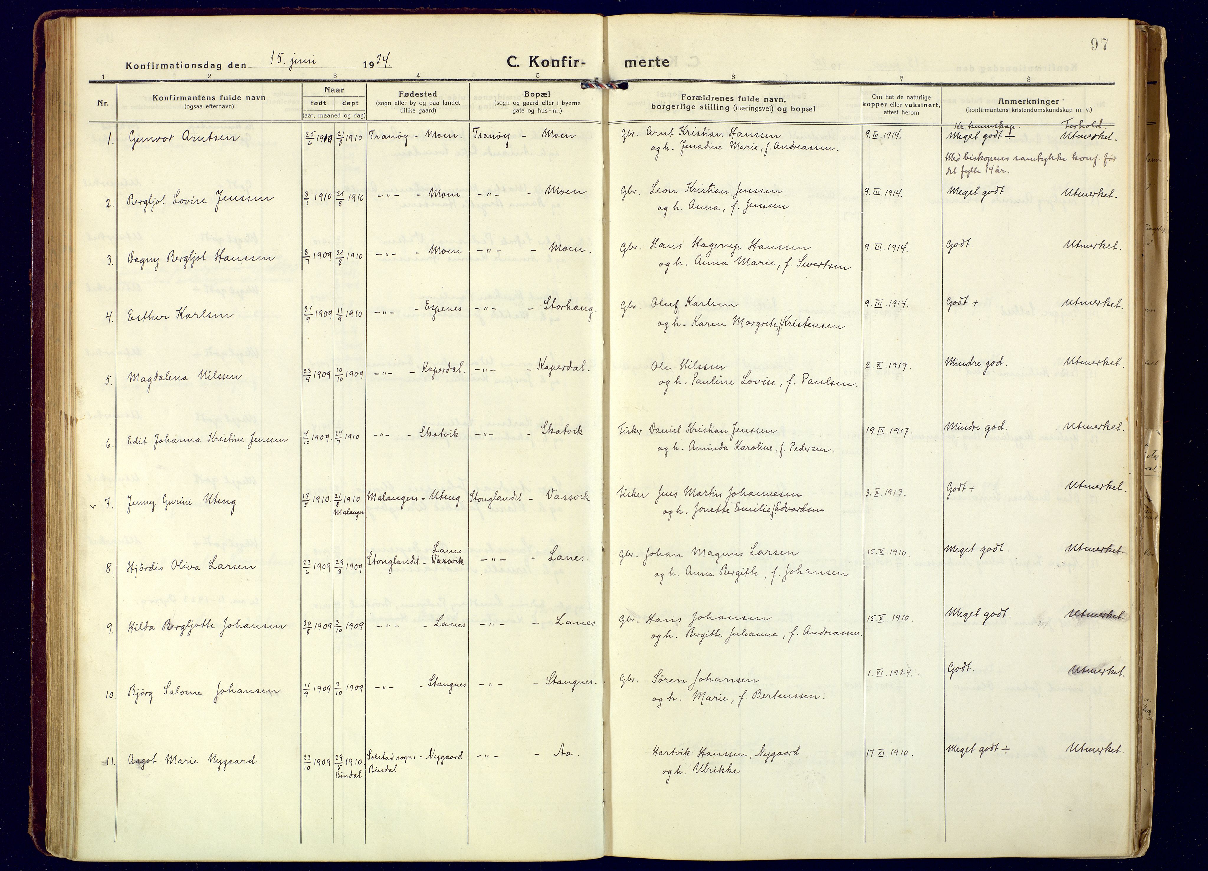 Tranøy sokneprestkontor, SATØ/S-1313/I/Ia/Iaa/L0016kirke: Parish register (official) no. 16, 1919-1932, p. 97