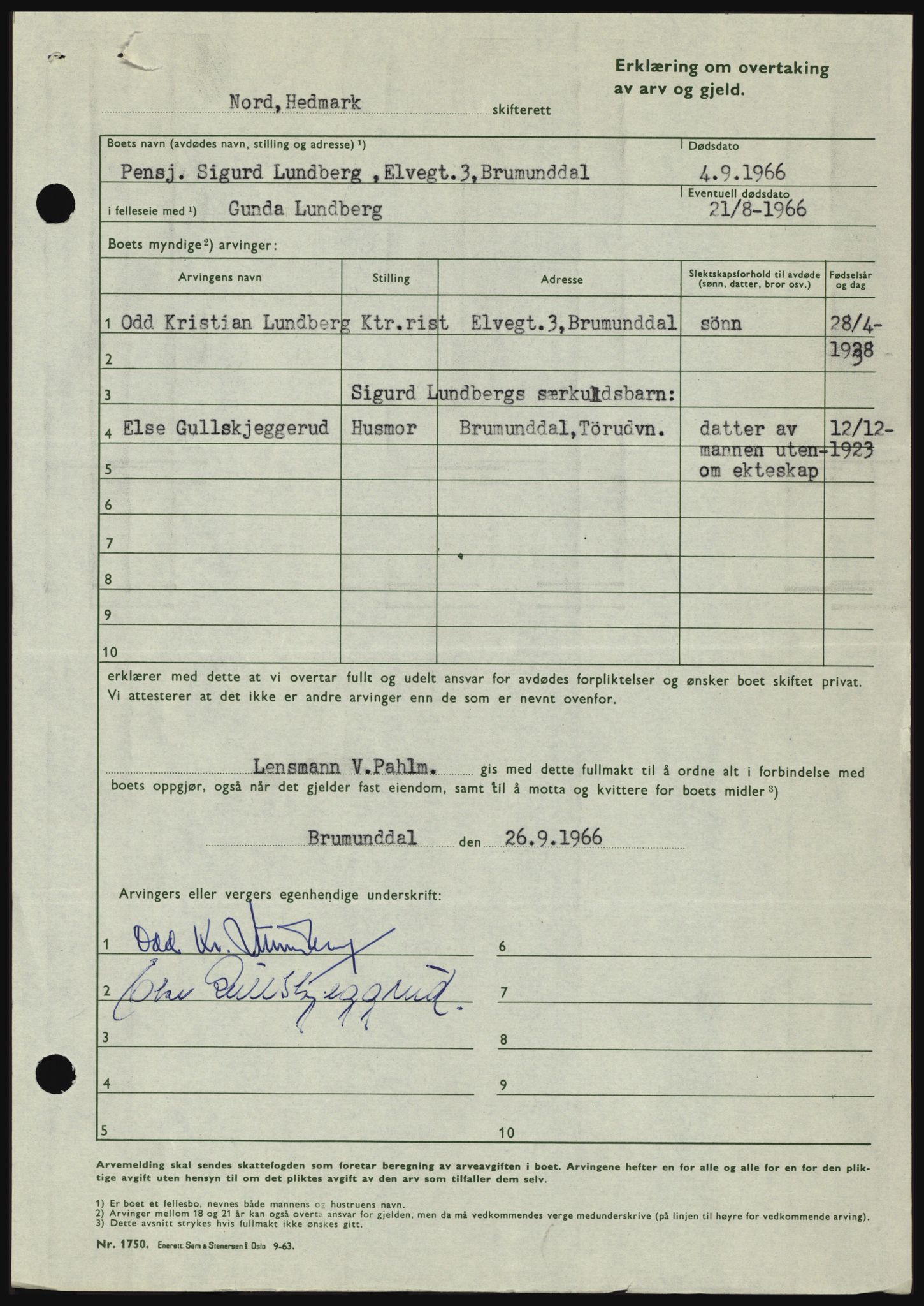 Nord-Hedmark sorenskriveri, SAH/TING-012/H/Hc/L0024: Mortgage book no. 24, 1966-1966, Diary no: : 4501/1966