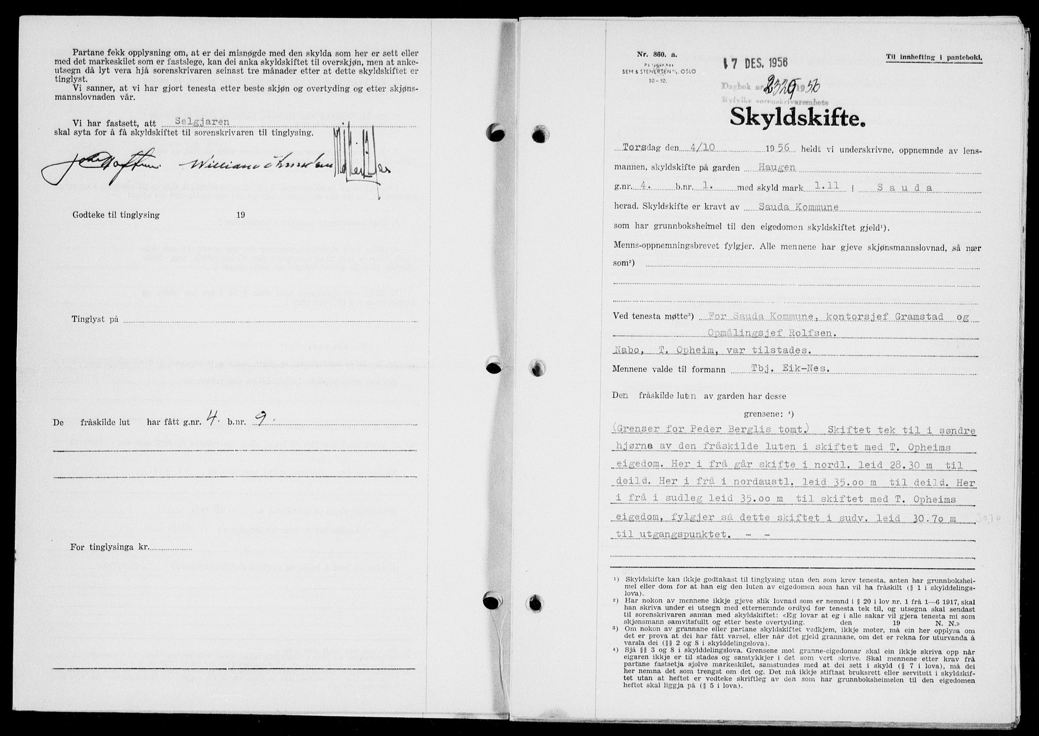 Ryfylke tingrett, SAST/A-100055/001/II/IIB/L0135: Mortgage book no. 114, 1956-1957, Diary no: : 2329/1956