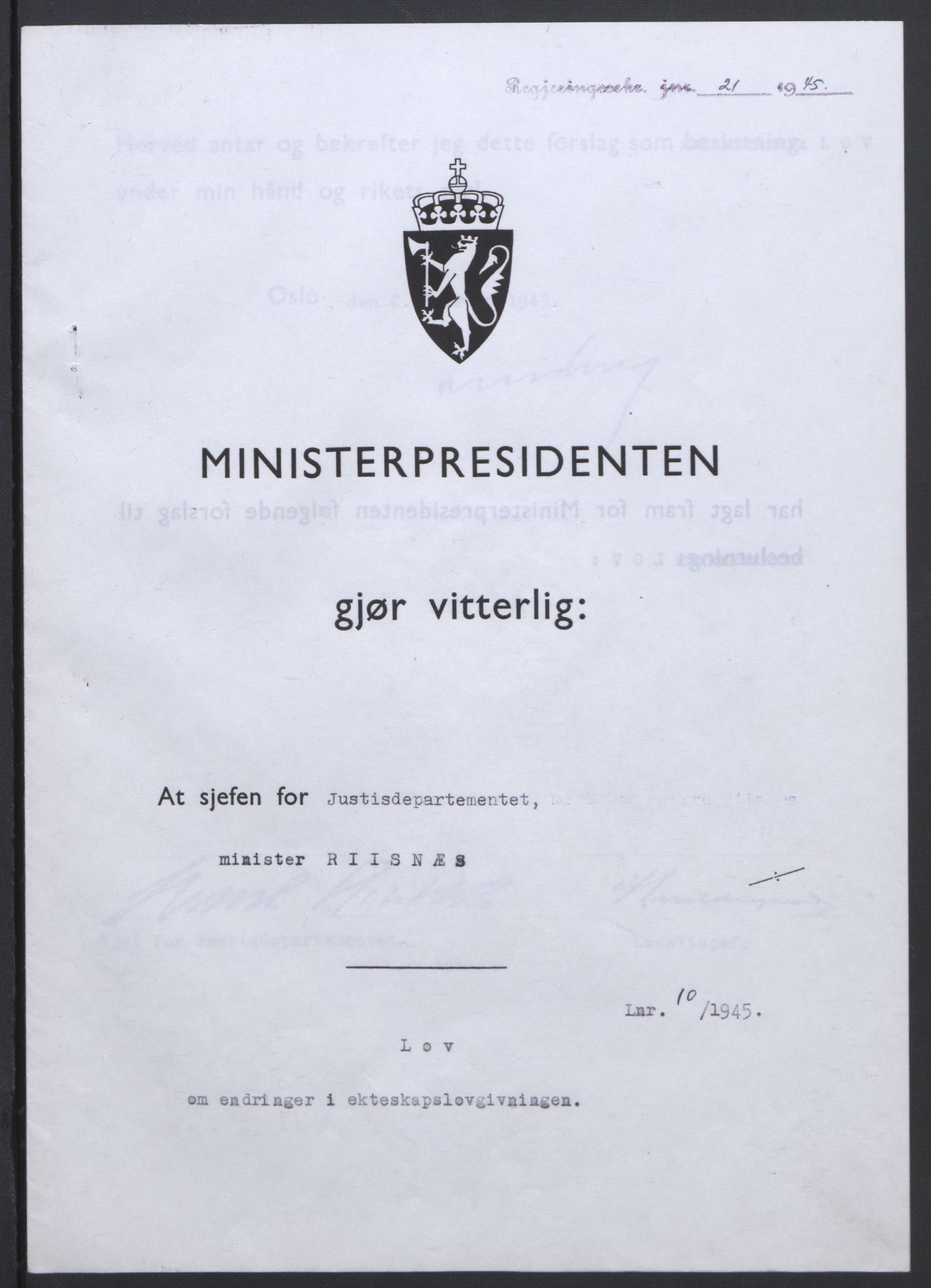 NS-administrasjonen 1940-1945 (Statsrådsekretariatet, de kommisariske statsråder mm), RA/S-4279/D/Db/L0101/0001: -- / Lover og vedtak, 1945, p. 39