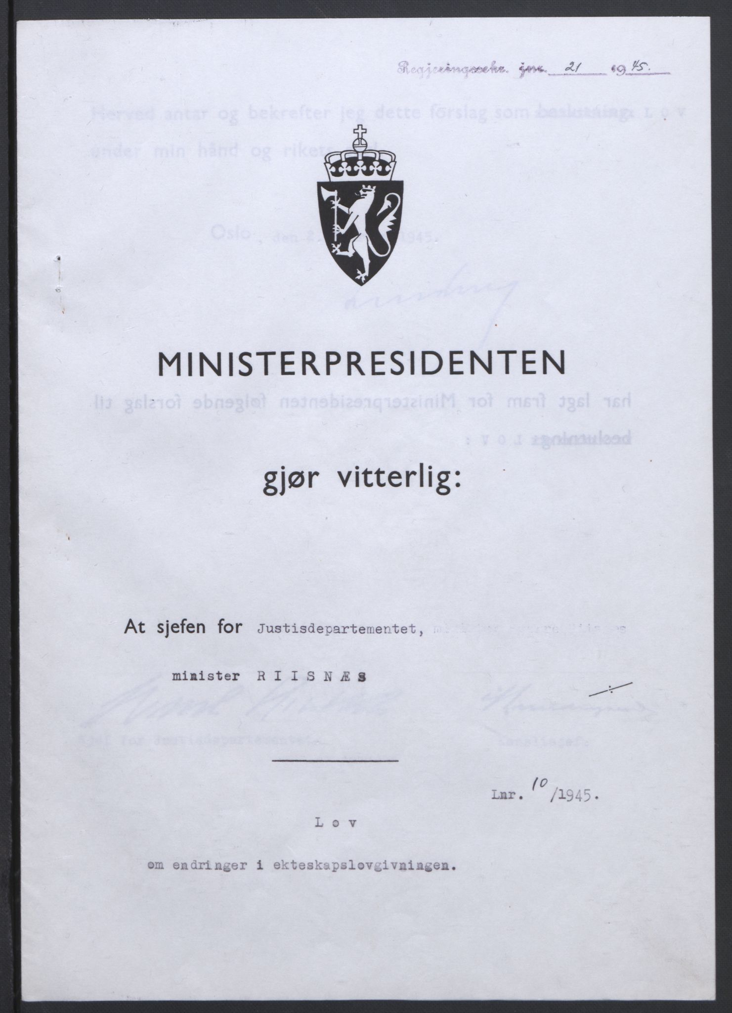 NS-administrasjonen 1940-1945 (Statsrådsekretariatet, de kommisariske statsråder mm), AV/RA-S-4279/D/Db/L0101/0001: -- / Lover og vedtak, 1945, p. 39