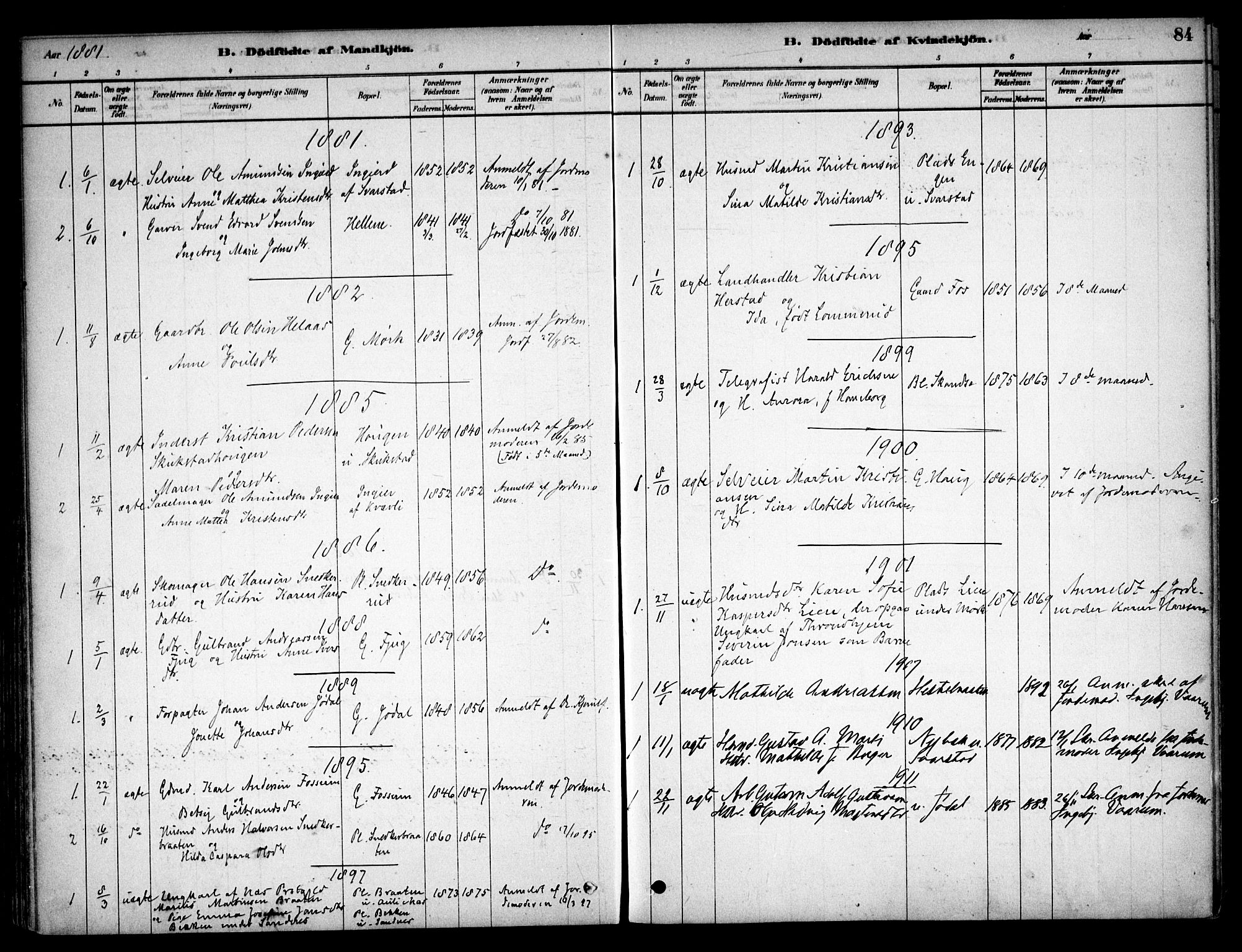 Aurskog prestekontor Kirkebøker, SAO/A-10304a/F/Fb/L0001: Parish register (official) no. II 1, 1878-1909, p. 84