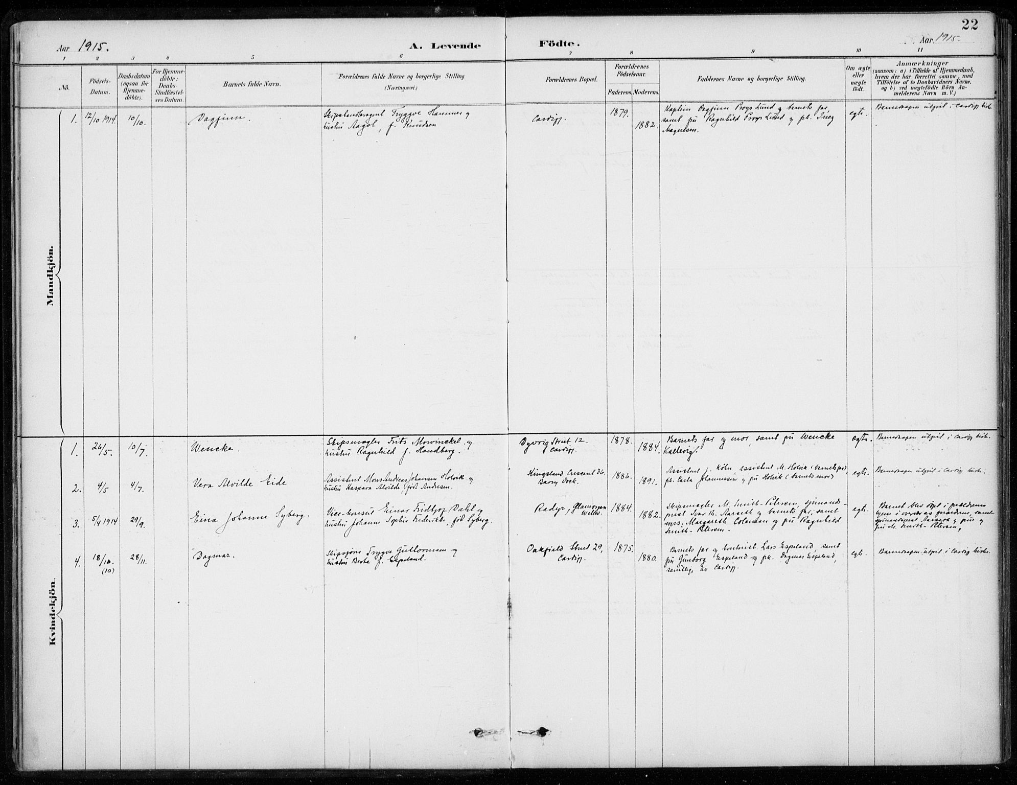 Den norske sjømannsmisjon i utlandet/Bristolhavnene(Cardiff-Swansea), SAB/SAB/PA-0102/H/Ha/Haa/L0002: Parish register (official) no. A 2, 1887-1932, p. 22