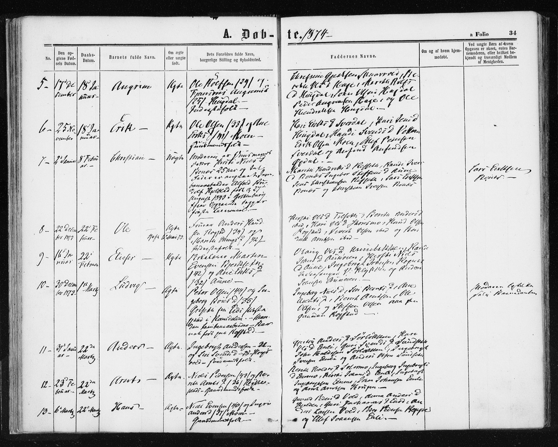 Ministerialprotokoller, klokkerbøker og fødselsregistre - Sør-Trøndelag, AV/SAT-A-1456/687/L1001: Parish register (official) no. 687A07, 1863-1878, p. 34