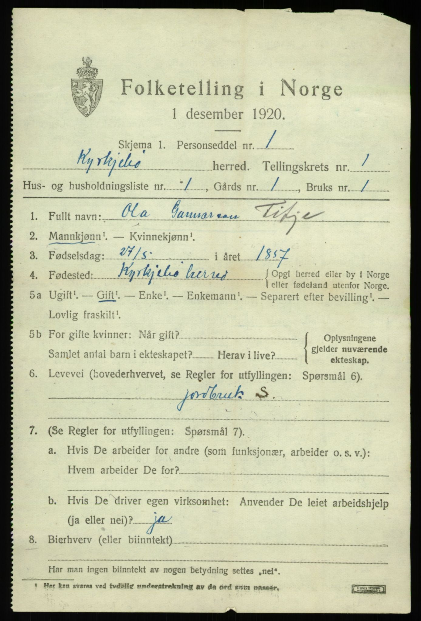 SAB, 1920 census for Kyrkjebø, 1920, p. 733