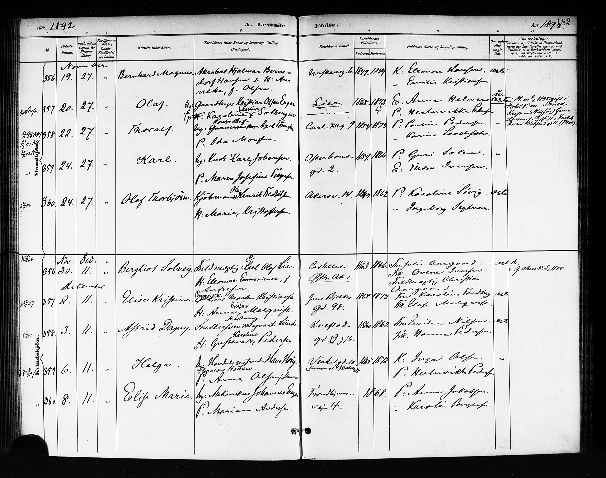 Rikshospitalet prestekontor Kirkebøker, AV/SAO-A-10309b/F/L0008: Parish register (official) no. 8, 1890-1893, p. 182