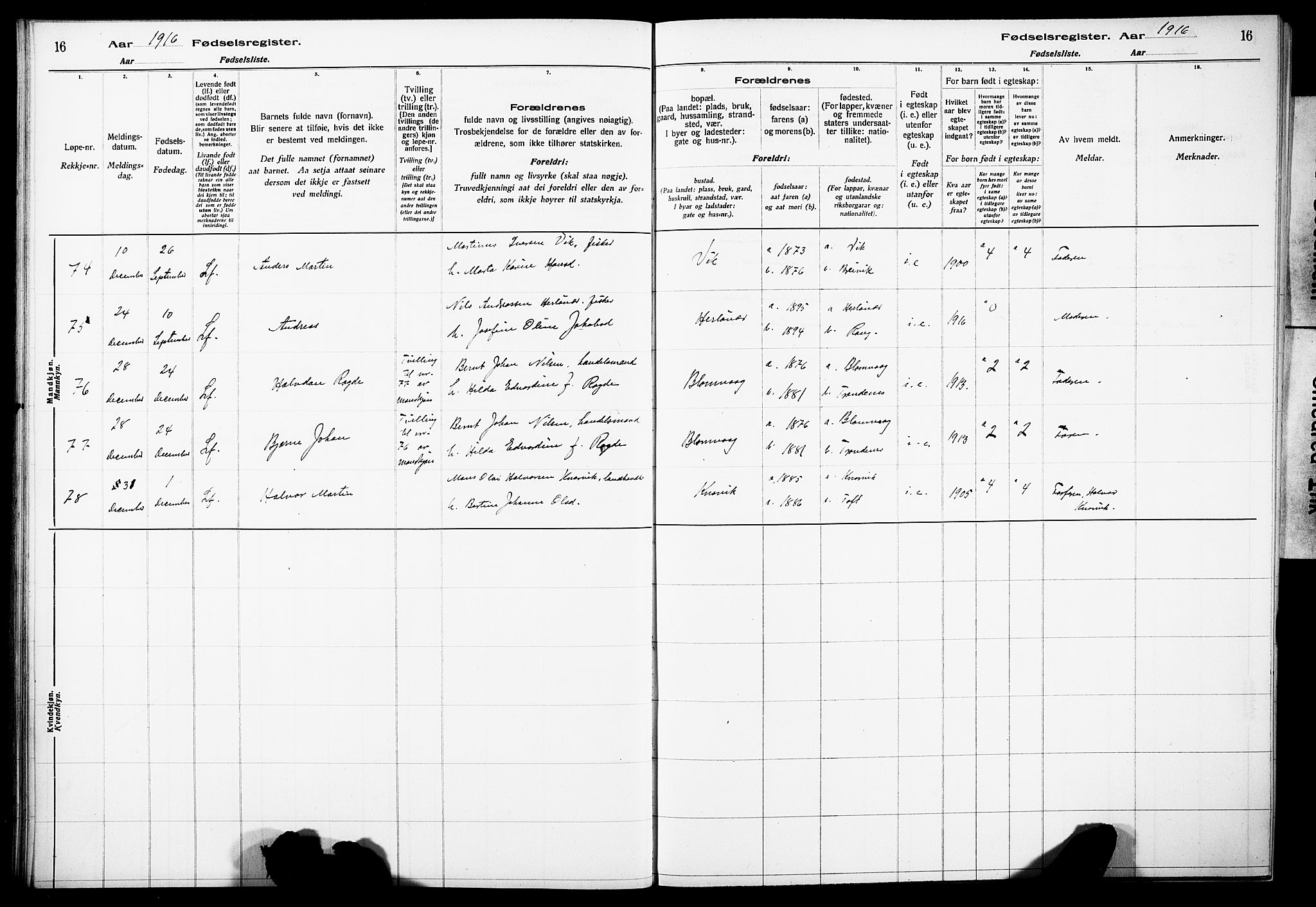 Herdla Sokneprestembete, AV/SAB-A-75701/I/Id/L00A1: Birth register no. A 1, 1916-1929, p. 16