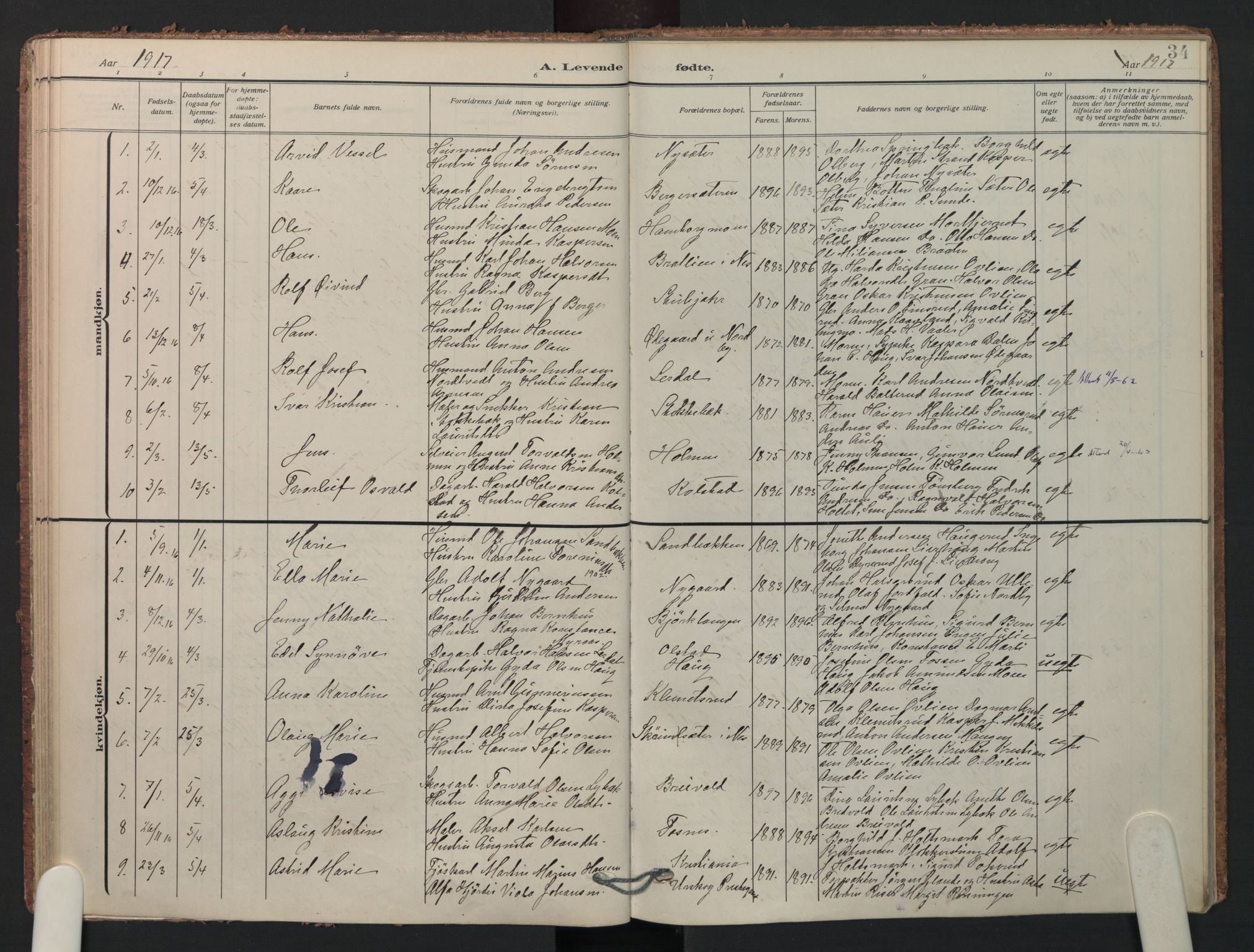 Aurskog prestekontor Kirkebøker, SAO/A-10304a/F/Fa/L0014: Parish register (official) no. I 14, 1911-1926, p. 34
