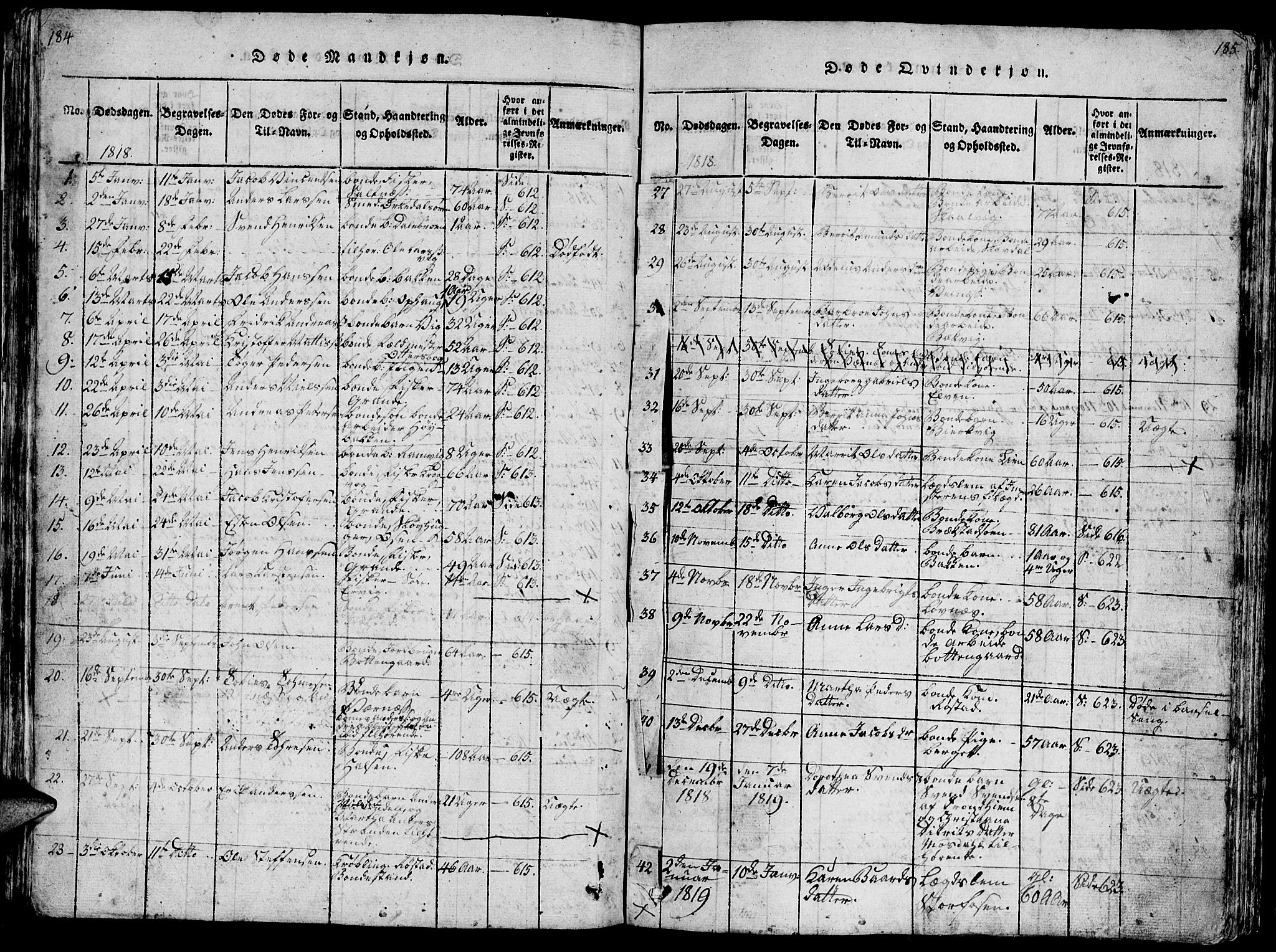 Ministerialprotokoller, klokkerbøker og fødselsregistre - Sør-Trøndelag, SAT/A-1456/659/L0744: Parish register (copy) no. 659C01, 1818-1825, p. 184-185