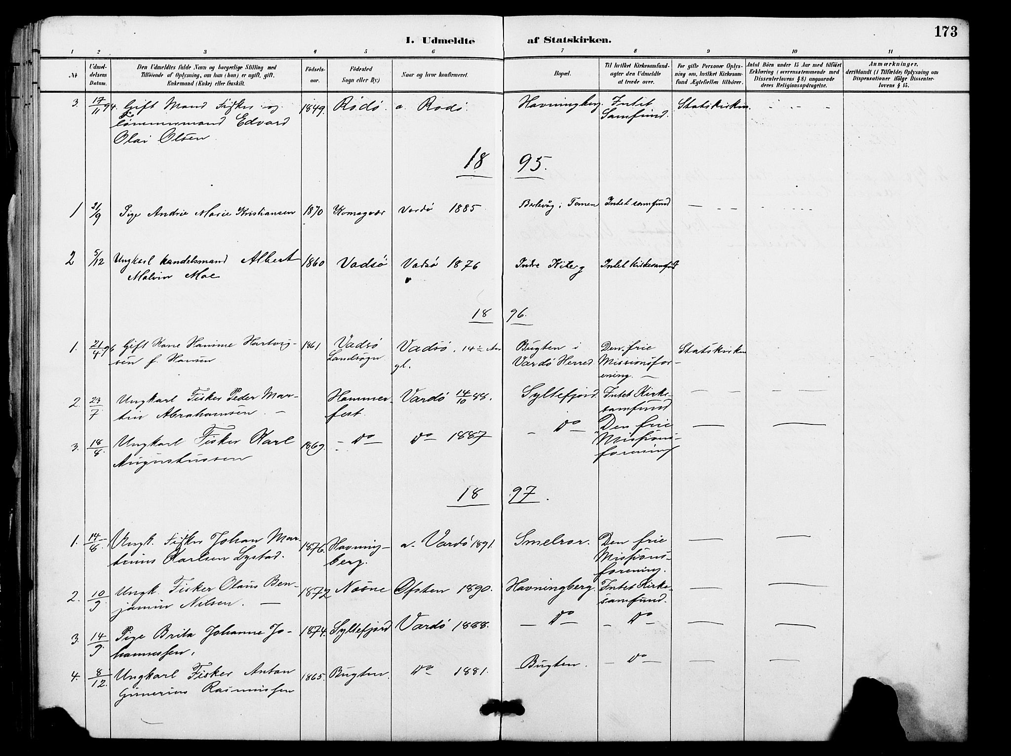 Vardø sokneprestkontor, SATØ/S-1332/H/Ha/L0009kirke: Parish register (official) no. 9, 1887-1898, p. 173