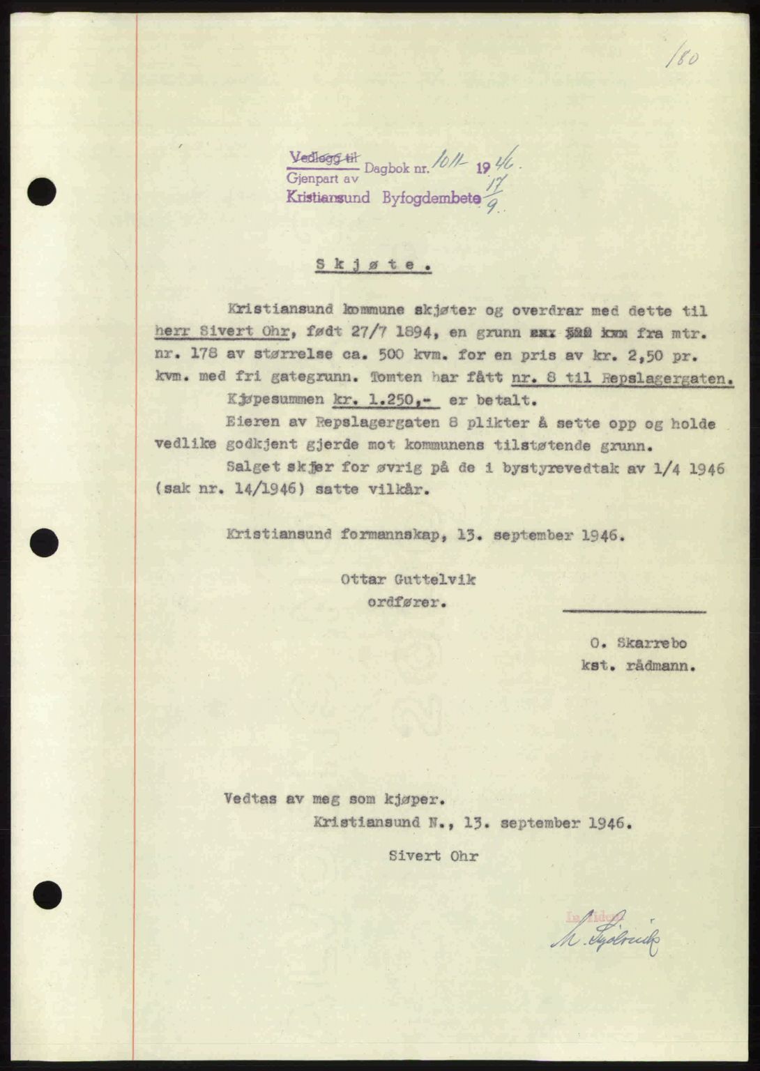Kristiansund byfogd, AV/SAT-A-4587/A/27: Mortgage book no. 39b, 1946-1947, Diary no: : 1011/1946
