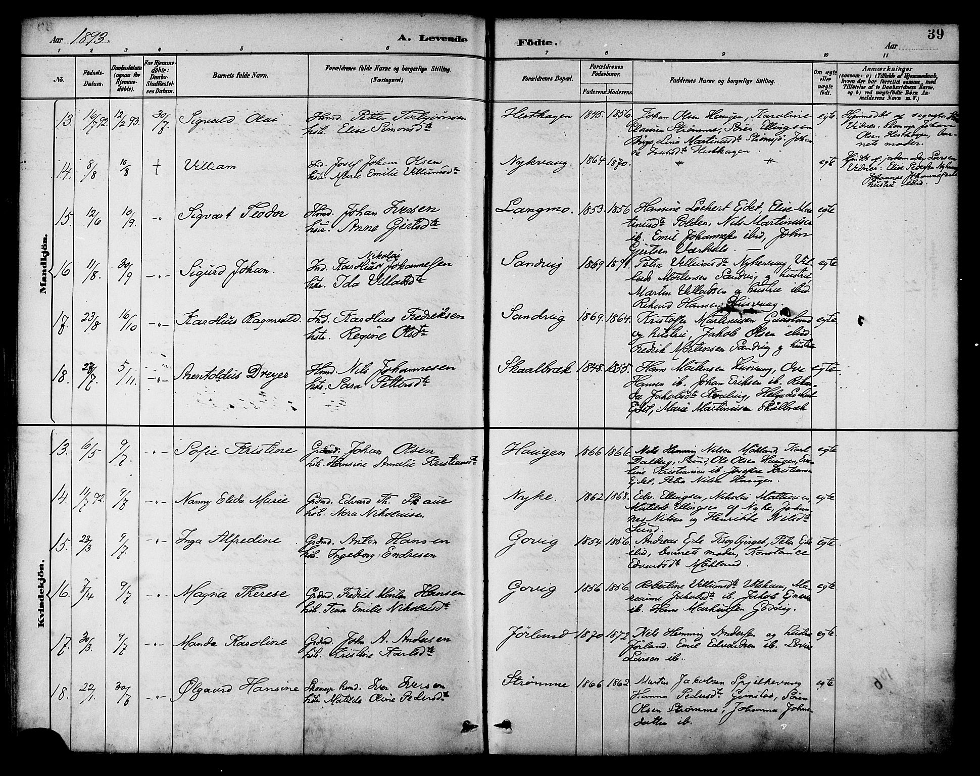 Ministerialprotokoller, klokkerbøker og fødselsregistre - Nordland, AV/SAT-A-1459/892/L1320: Parish register (official) no. 892A01, 1886-1901, p. 39