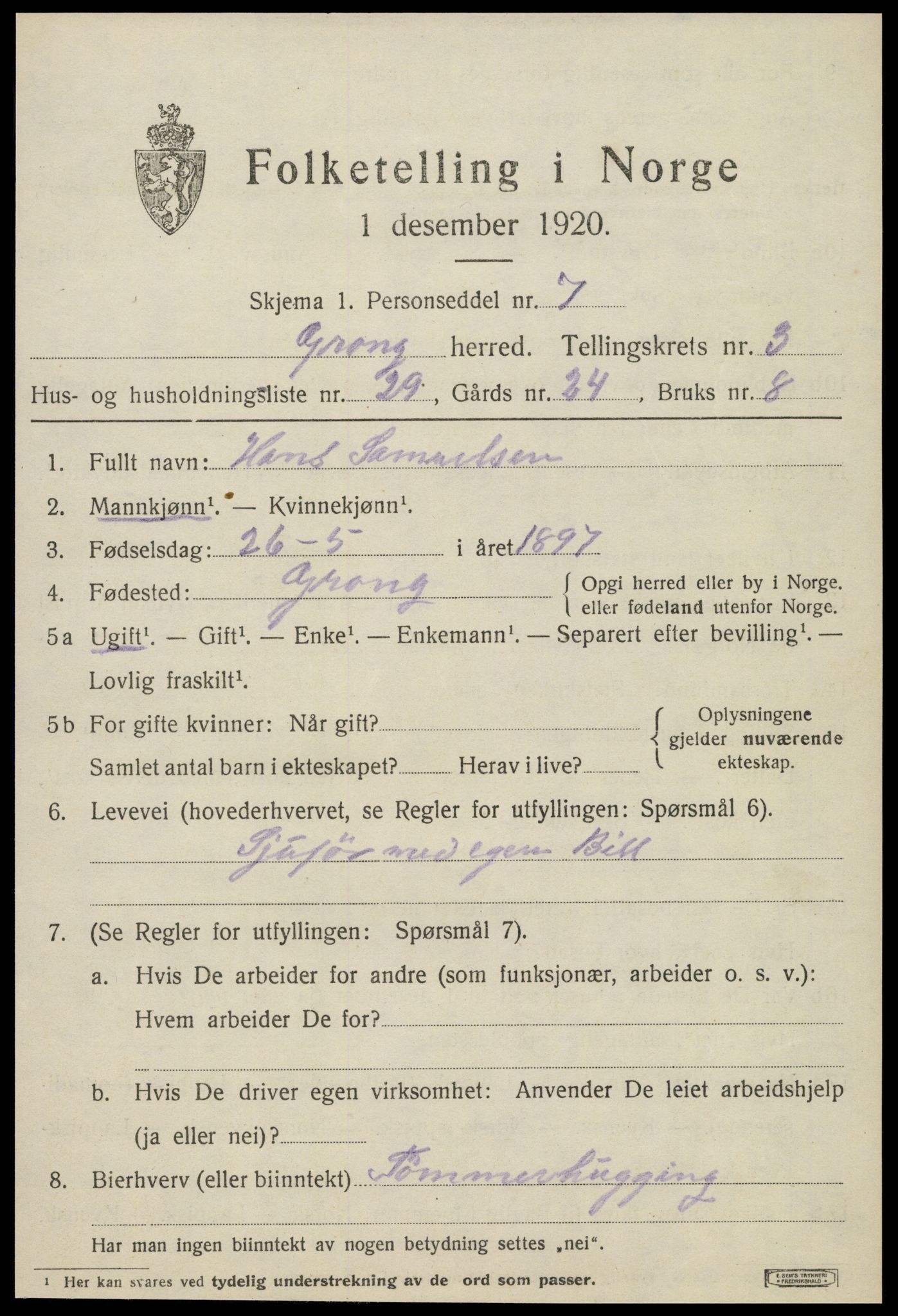 SAT, 1920 census for Grong, 1920, p. 2579