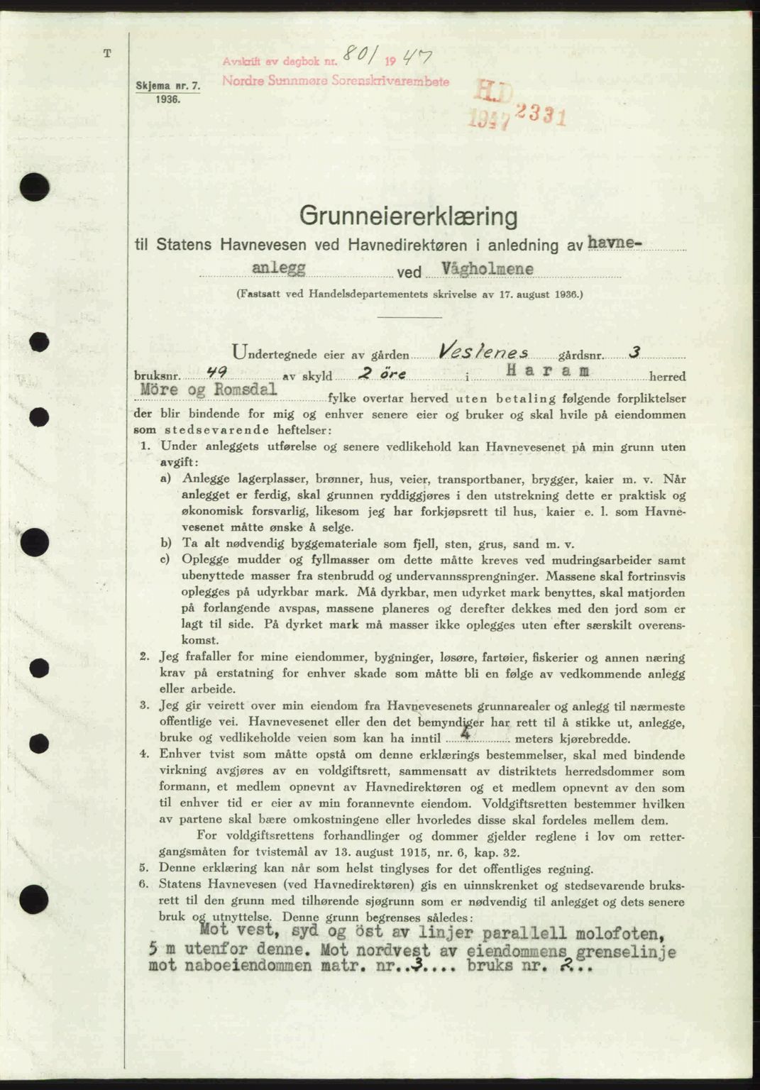 Nordre Sunnmøre sorenskriveri, AV/SAT-A-0006/1/2/2C/2Ca: Mortgage book no. A24, 1947-1947, Diary no: : 801/1947