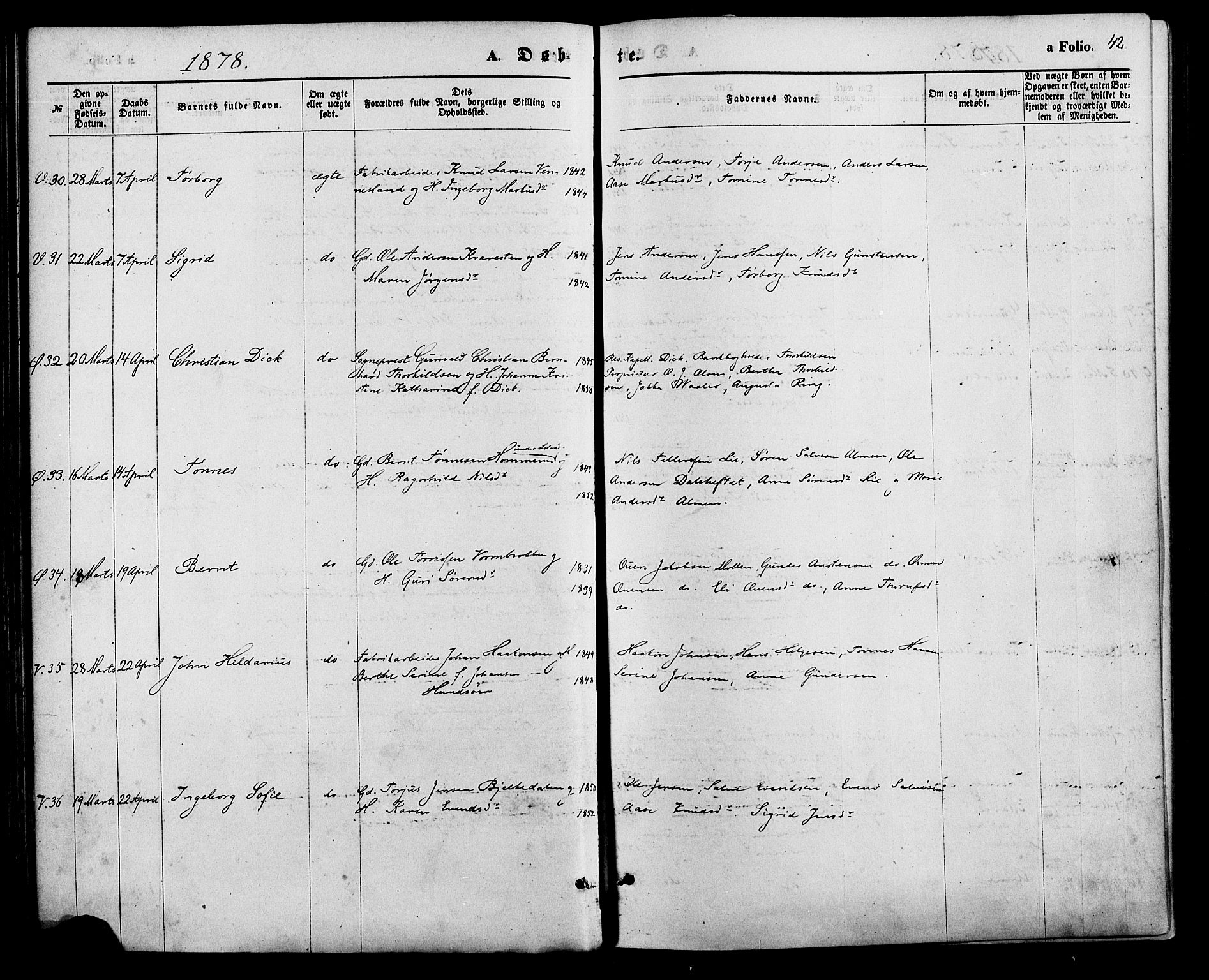 Vennesla sokneprestkontor, AV/SAK-1111-0045/Fa/Fac/L0008: Parish register (official) no. A 8, 1874-1883, p. 42