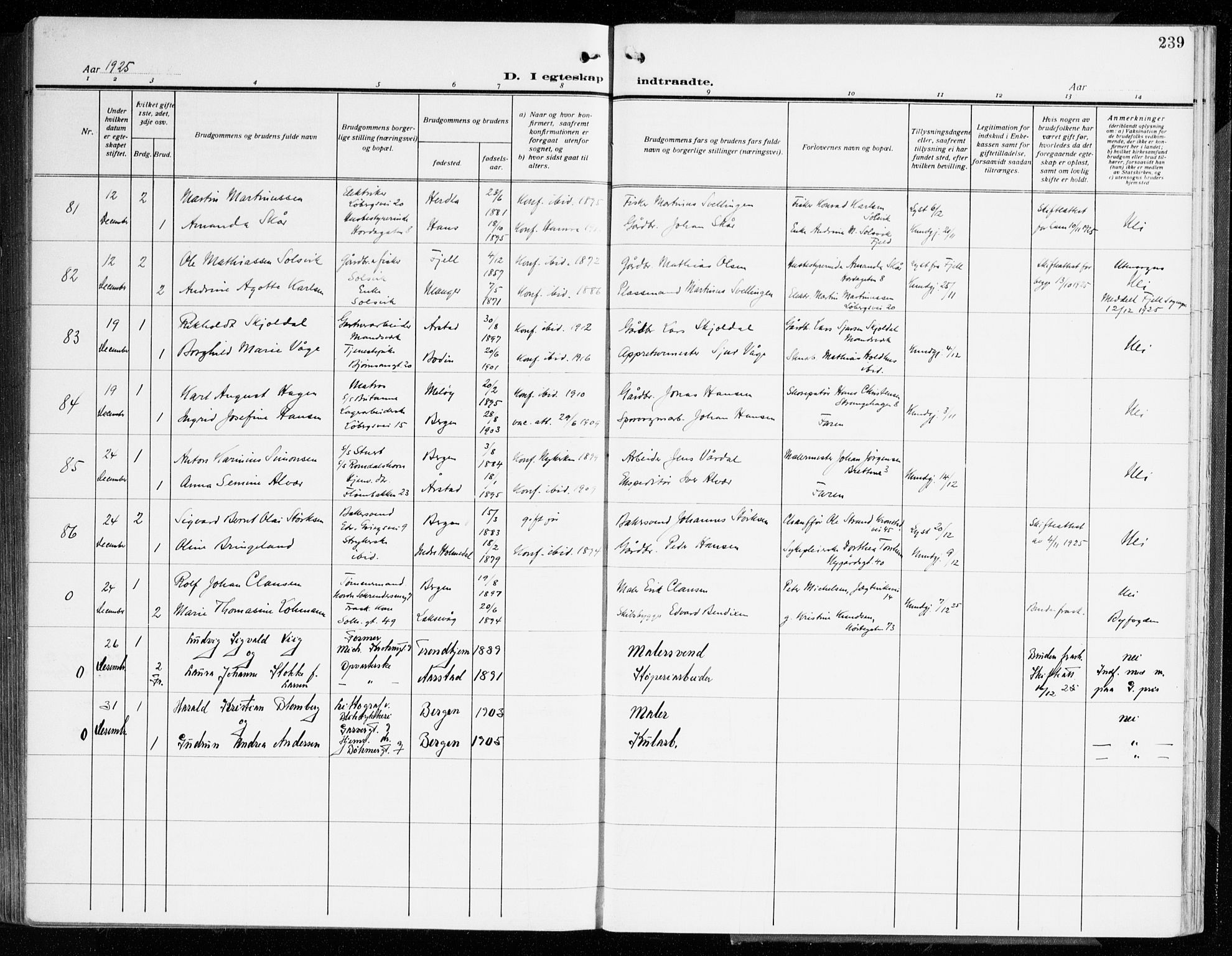 Årstad Sokneprestembete, AV/SAB-A-79301/H/Haa/L0004: Parish register (official) no. A 4, 1919-1928, p. 239