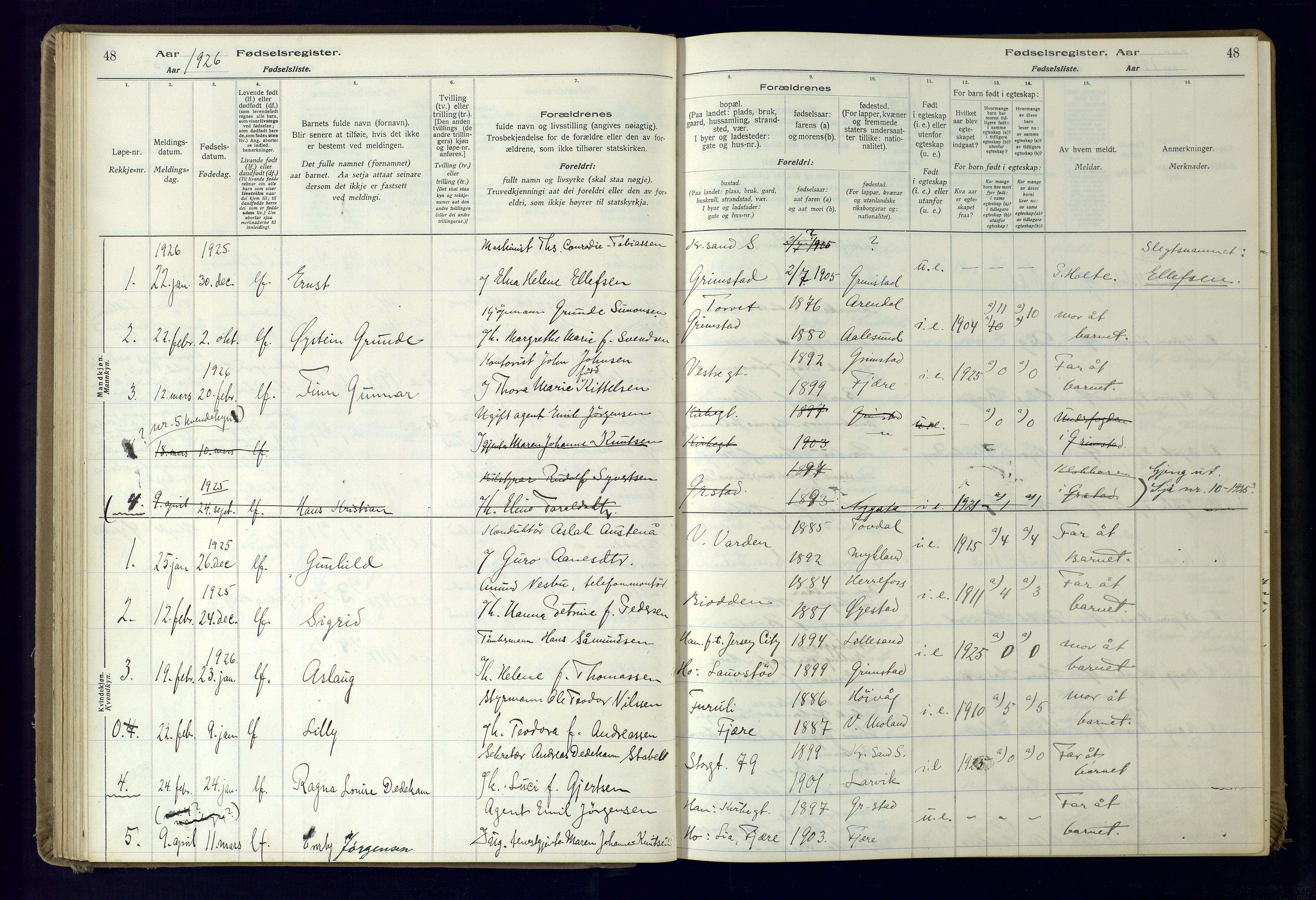 Grimstad sokneprestkontor, AV/SAK-1111-0017/J/Ja/L0001: Birth register no. 1, 1916-1960, p. 48