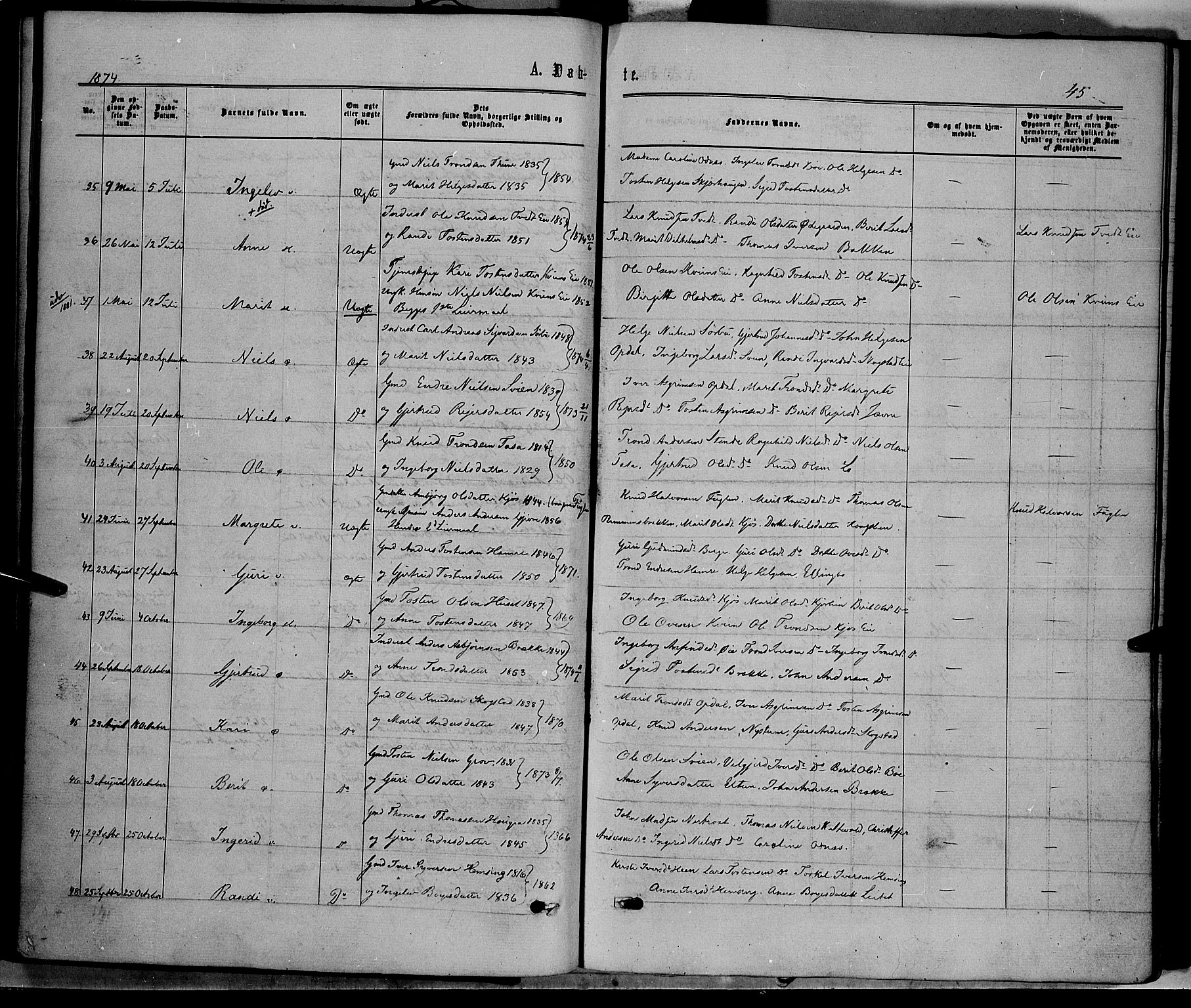 Vang prestekontor, Valdres, SAH/PREST-140/H/Ha/L0007: Parish register (official) no. 7, 1865-1881, p. 45