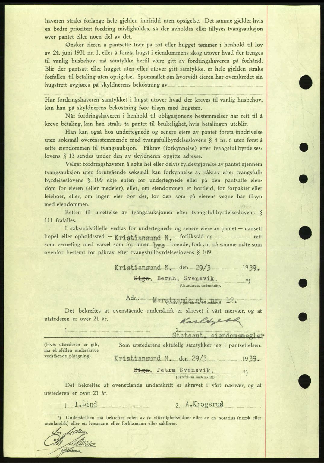 Kristiansund byfogd, SAT/A-4587/A/27: Mortgage book no. 31, 1938-1939, Diary no: : 288/1939