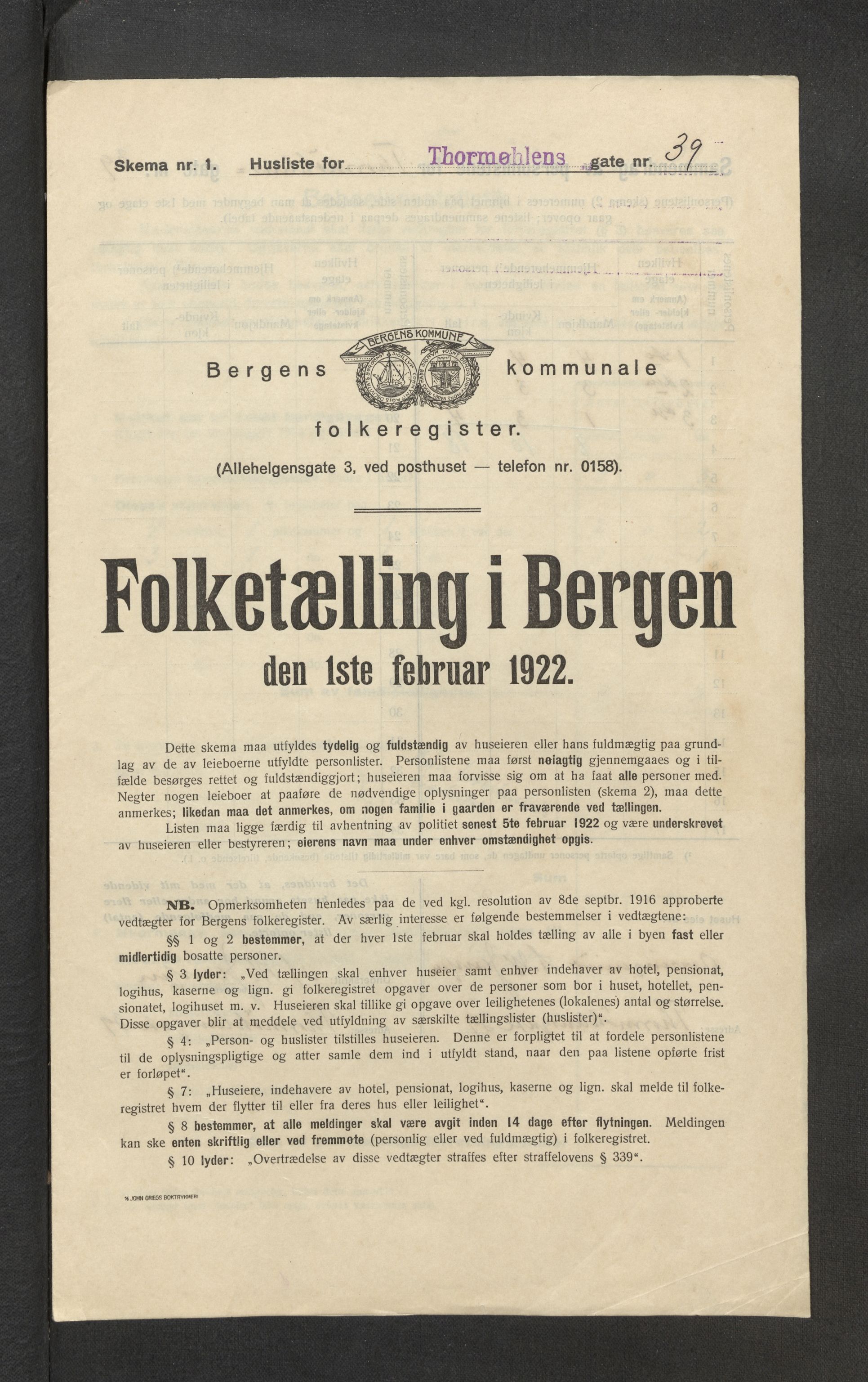 SAB, Municipal Census 1922 for Bergen, 1922, p. 43785