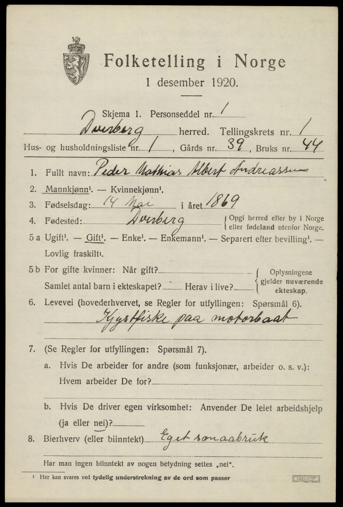 SAT, 1920 census for Dverberg, 1920, p. 1858