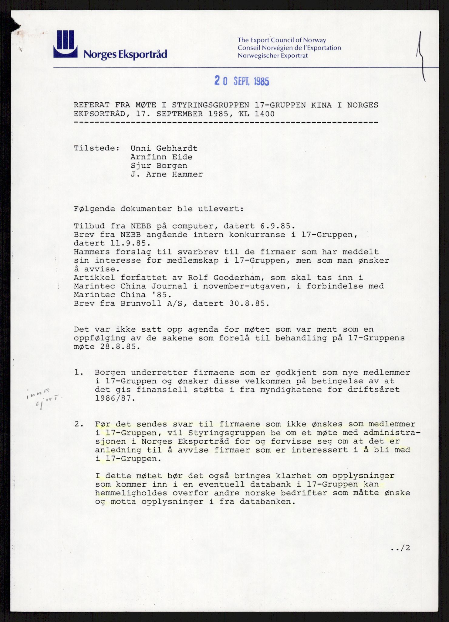"17-Gruppen Kina", AV/RA-PA-1688/A/L0001: Møtereferater, 1979-1986, p. 231