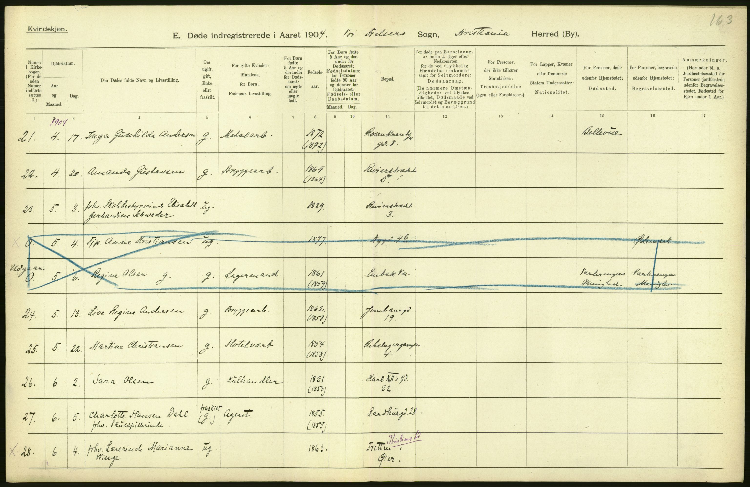 Statistisk sentralbyrå, Sosiodemografiske emner, Befolkning, AV/RA-S-2228/D/Df/Dfa/Dfab/L0004: Kristiania: Gifte, døde, 1904, p. 486