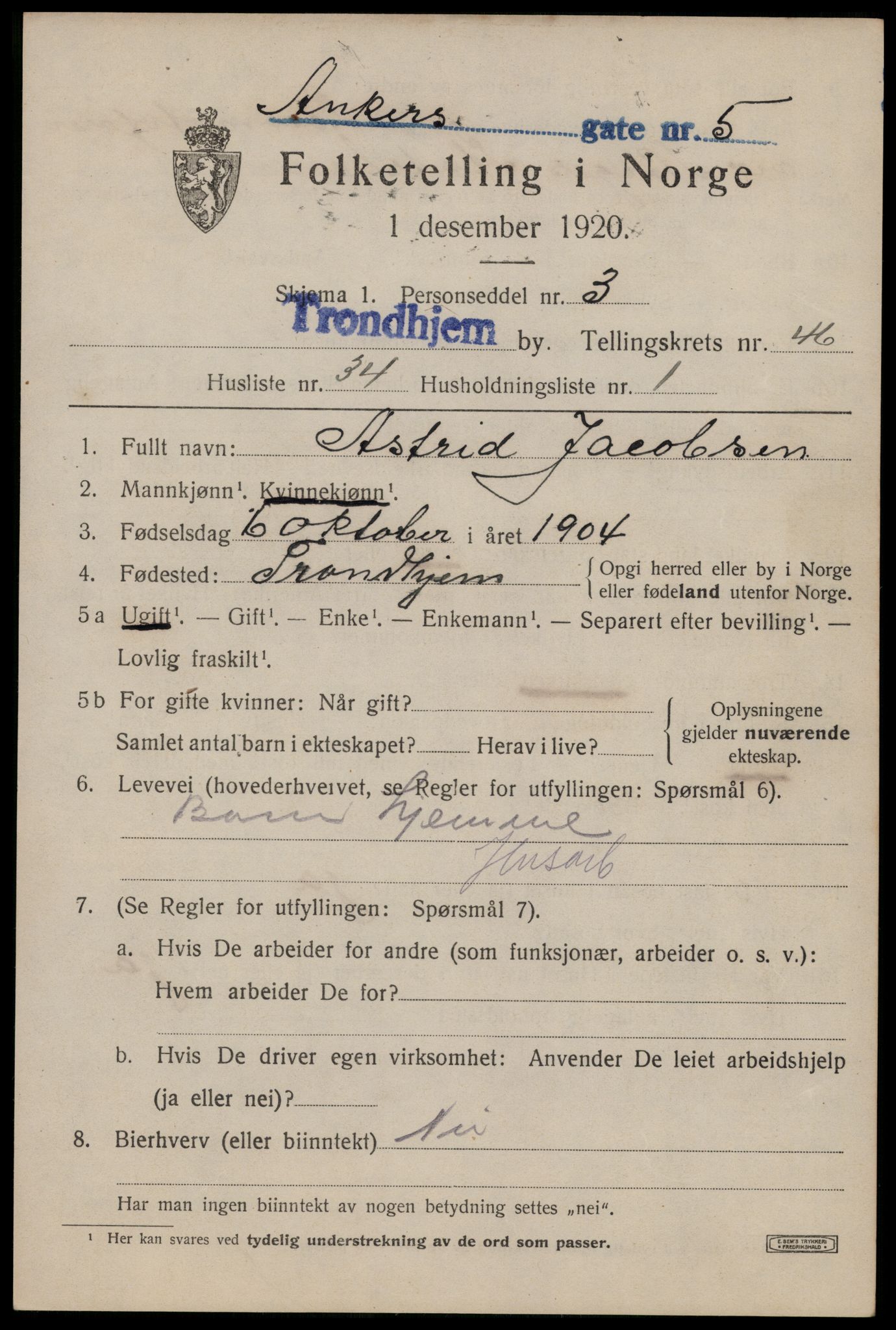 SAT, 1920 census for Trondheim, 1920, p. 98866