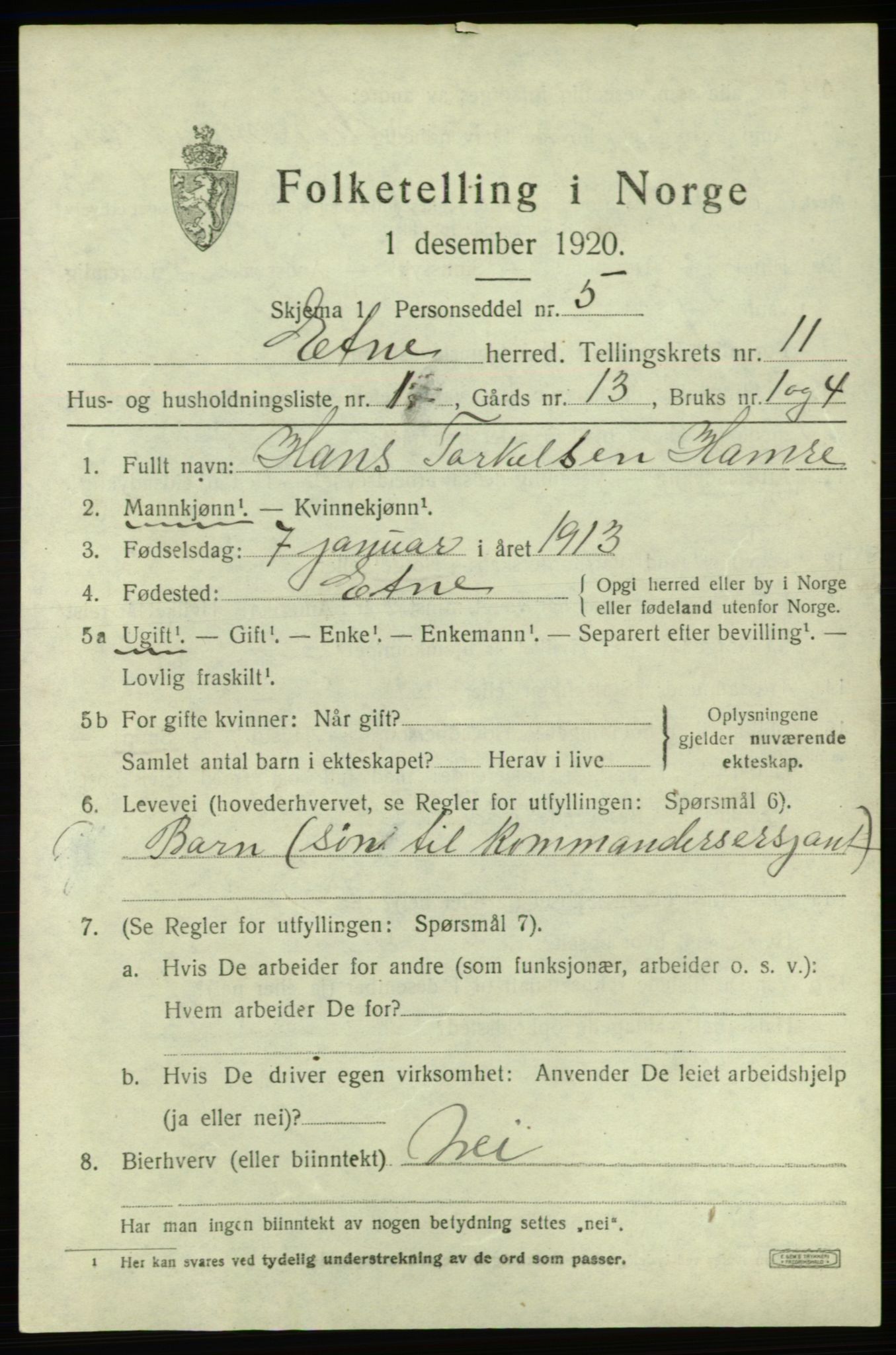 SAB, 1920 census for Etne, 1920, p. 4675