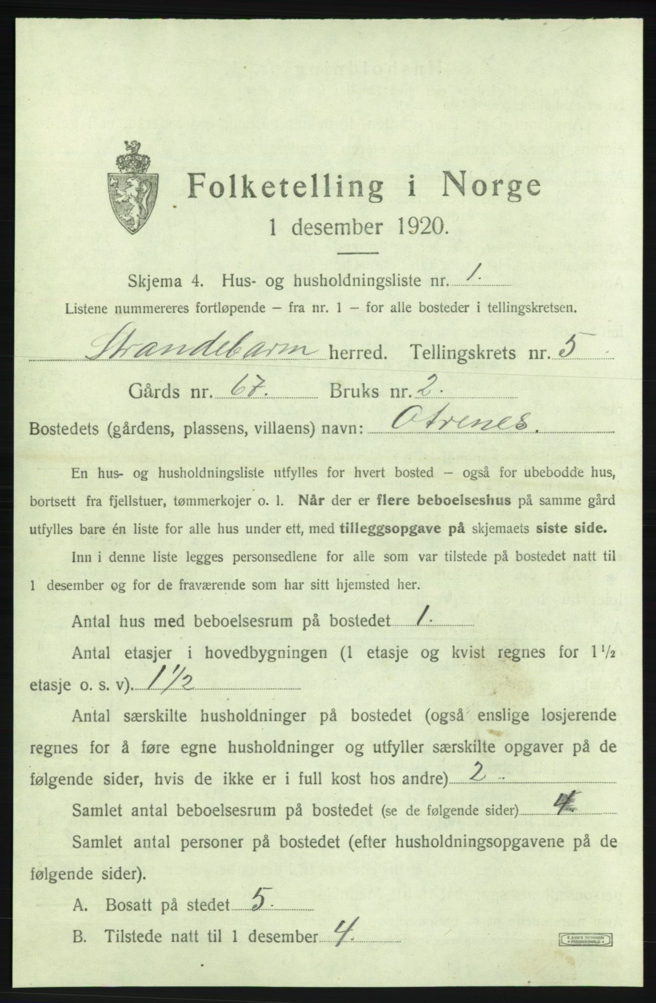 SAB, 1920 census for Strandebarm, 1920, p. 980