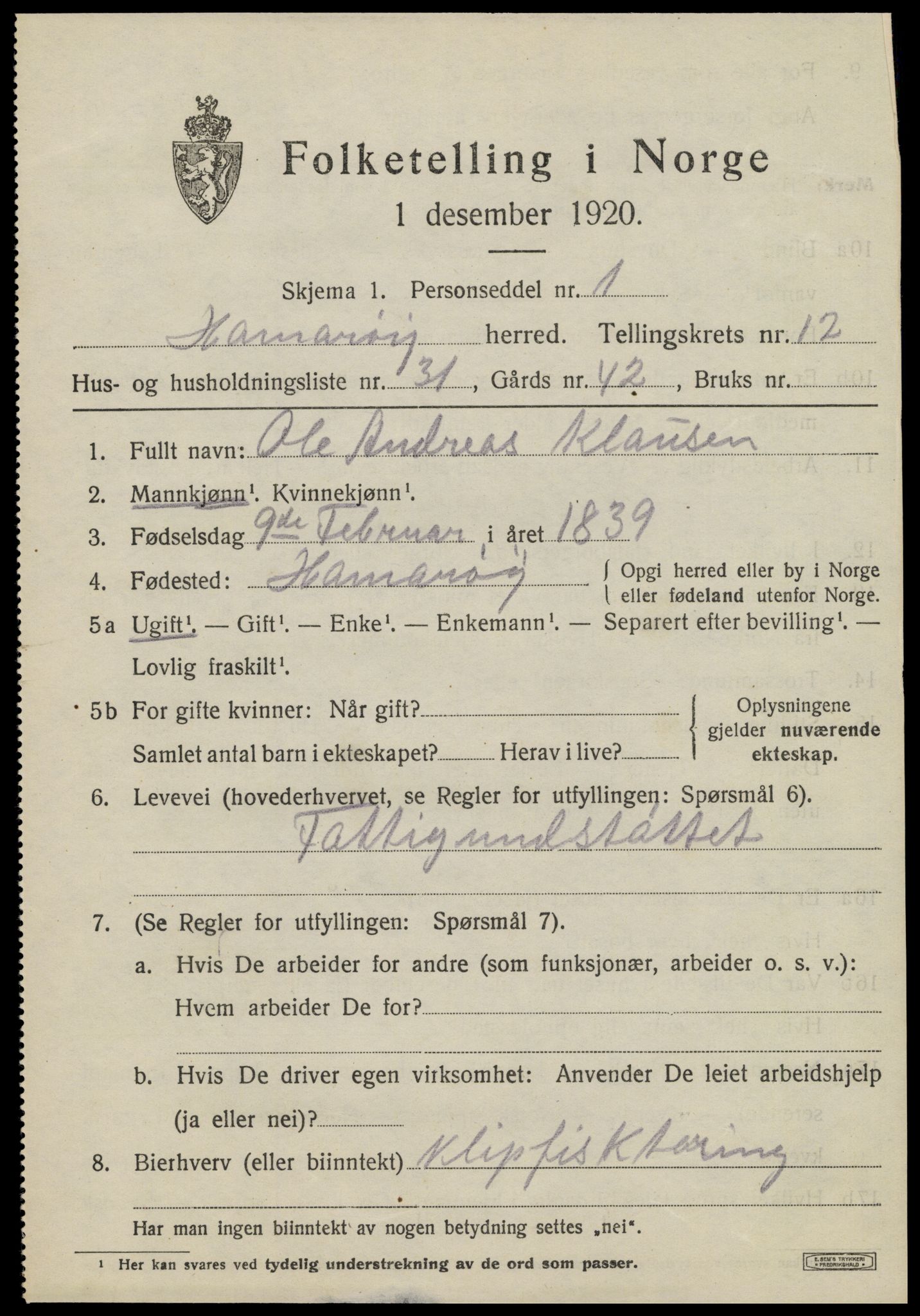 SAT, 1920 census for Hamarøy, 1920, p. 6084