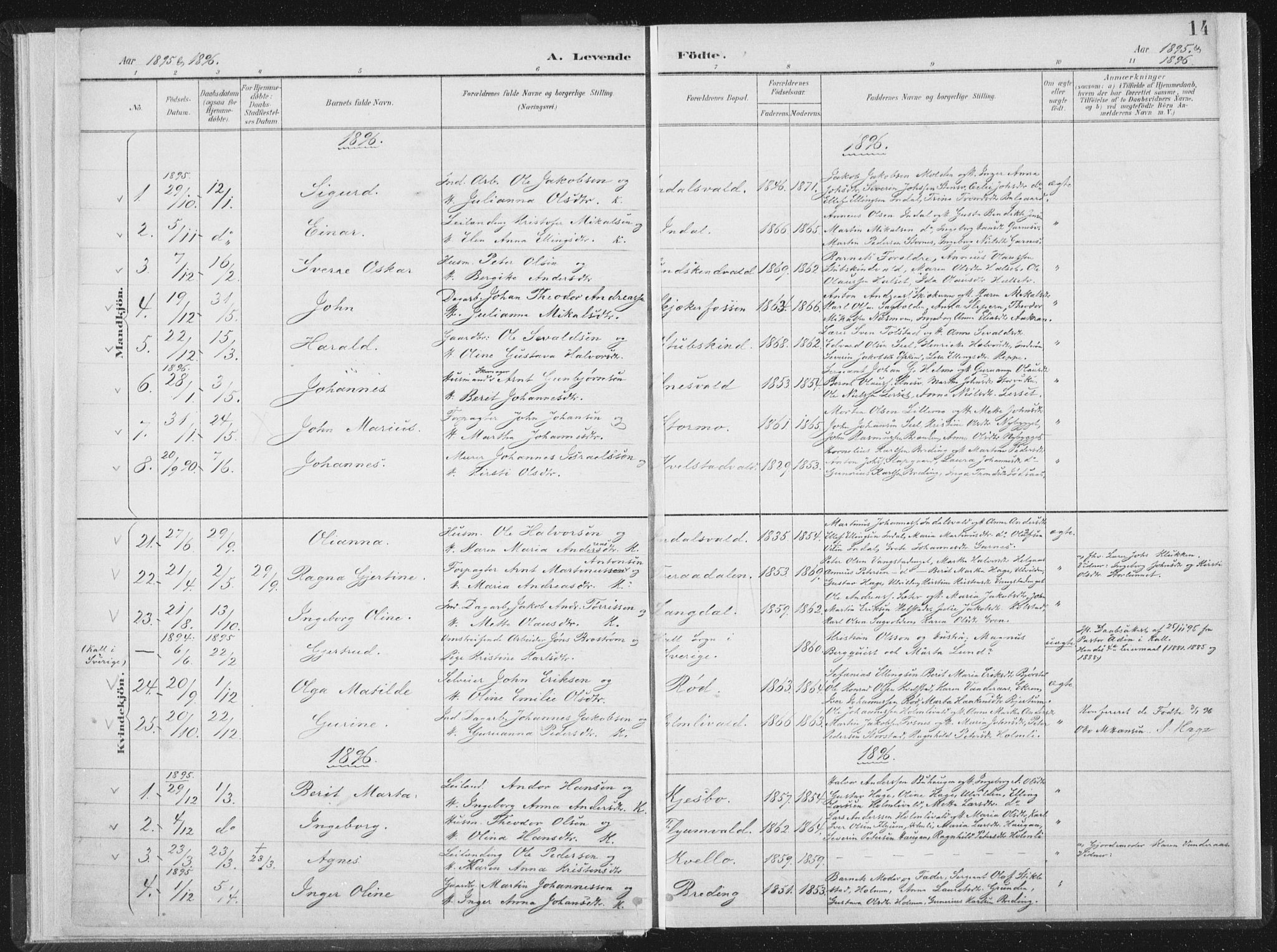 Ministerialprotokoller, klokkerbøker og fødselsregistre - Nord-Trøndelag, SAT/A-1458/724/L0263: Parish register (official) no. 724A01, 1891-1907, p. 14